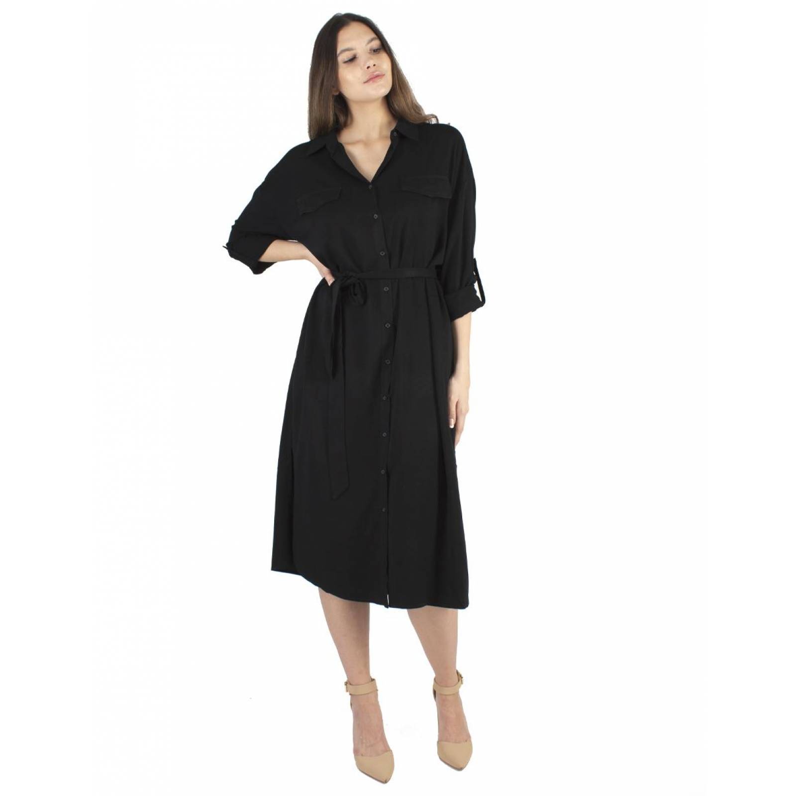 Vestido midi camisero negro AMAD para dama