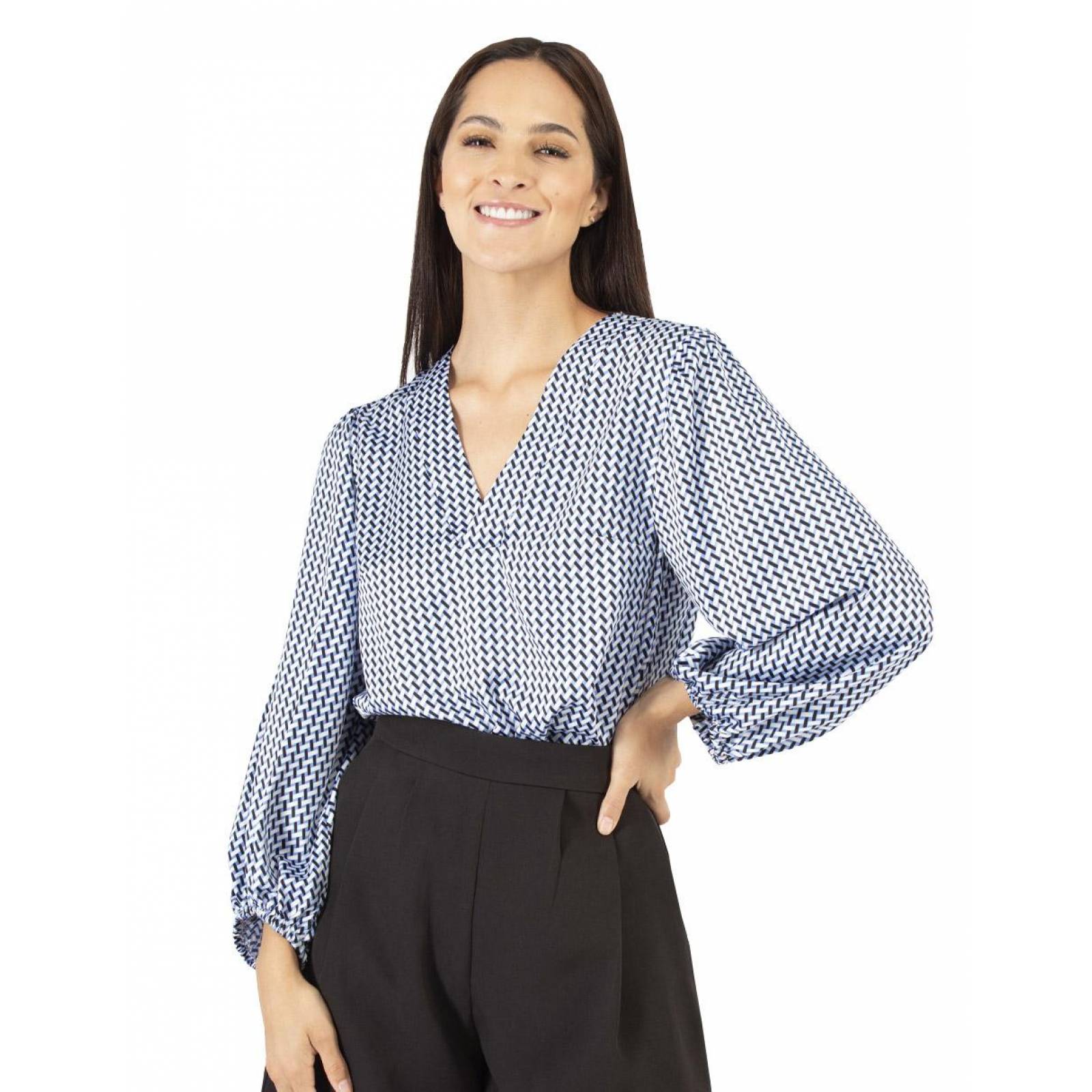 Blusa cuello V manga bomba retro AMAD para dama 