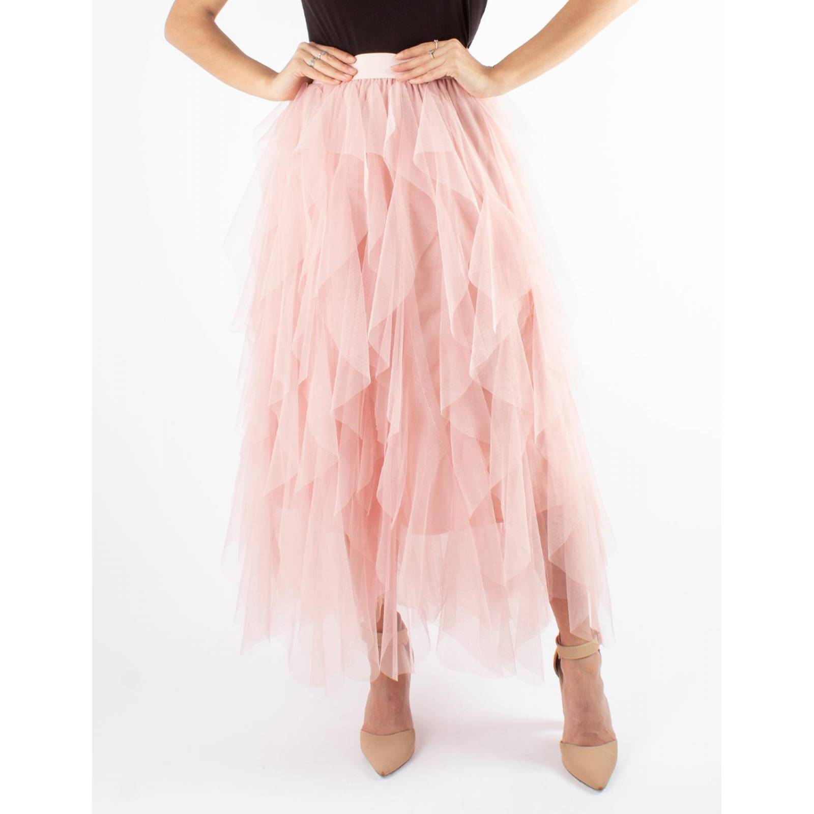 Falda maxi con olanes de tul