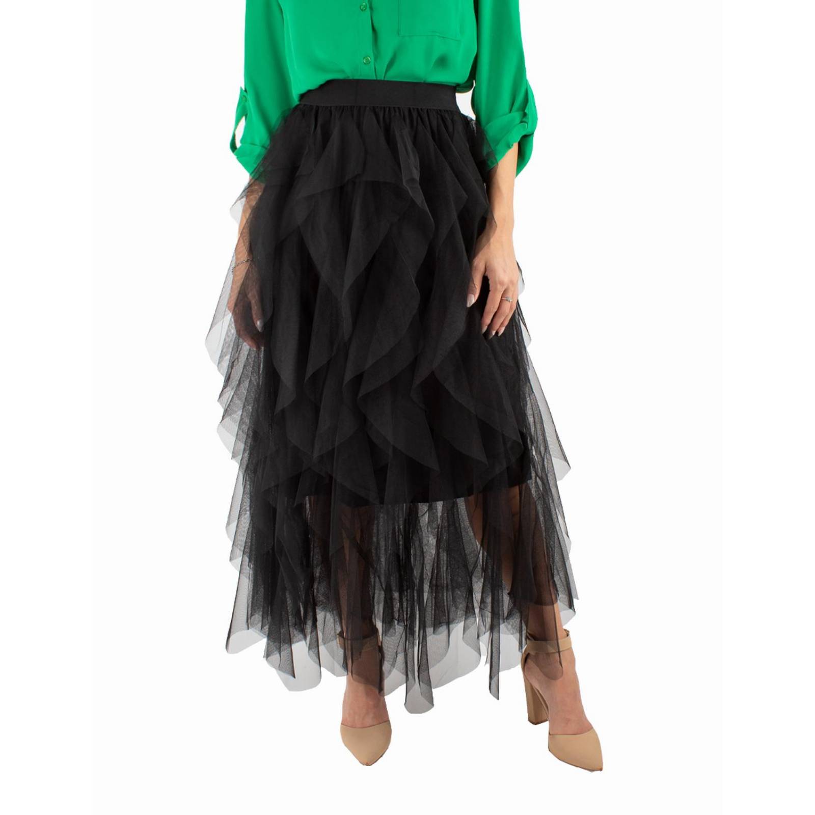 Falda maxi con olanes de tul