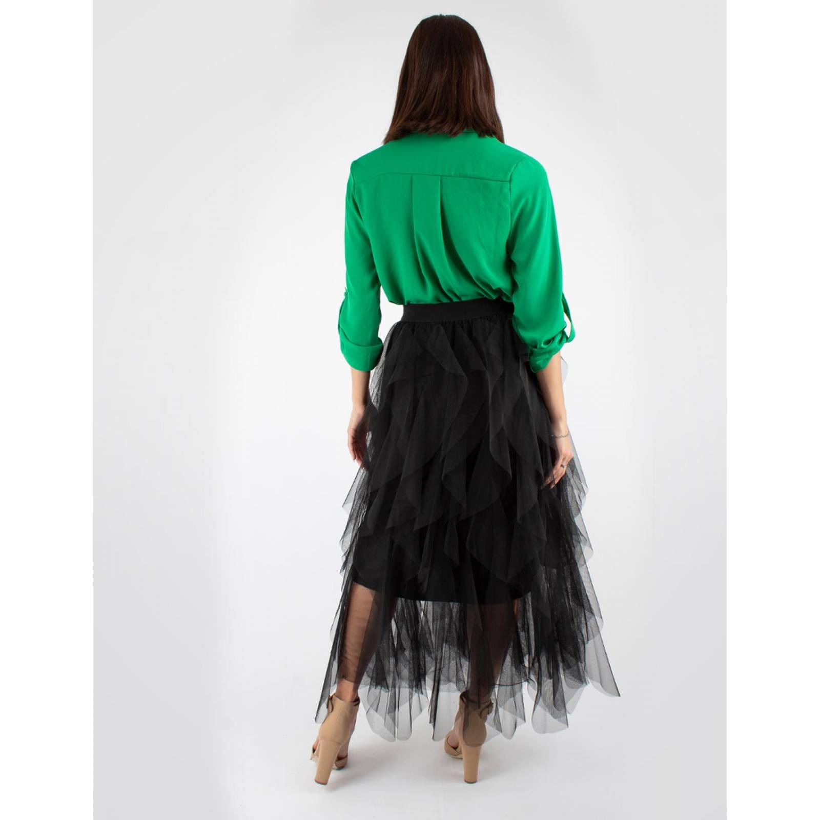 Falda maxi con olanes de tul
