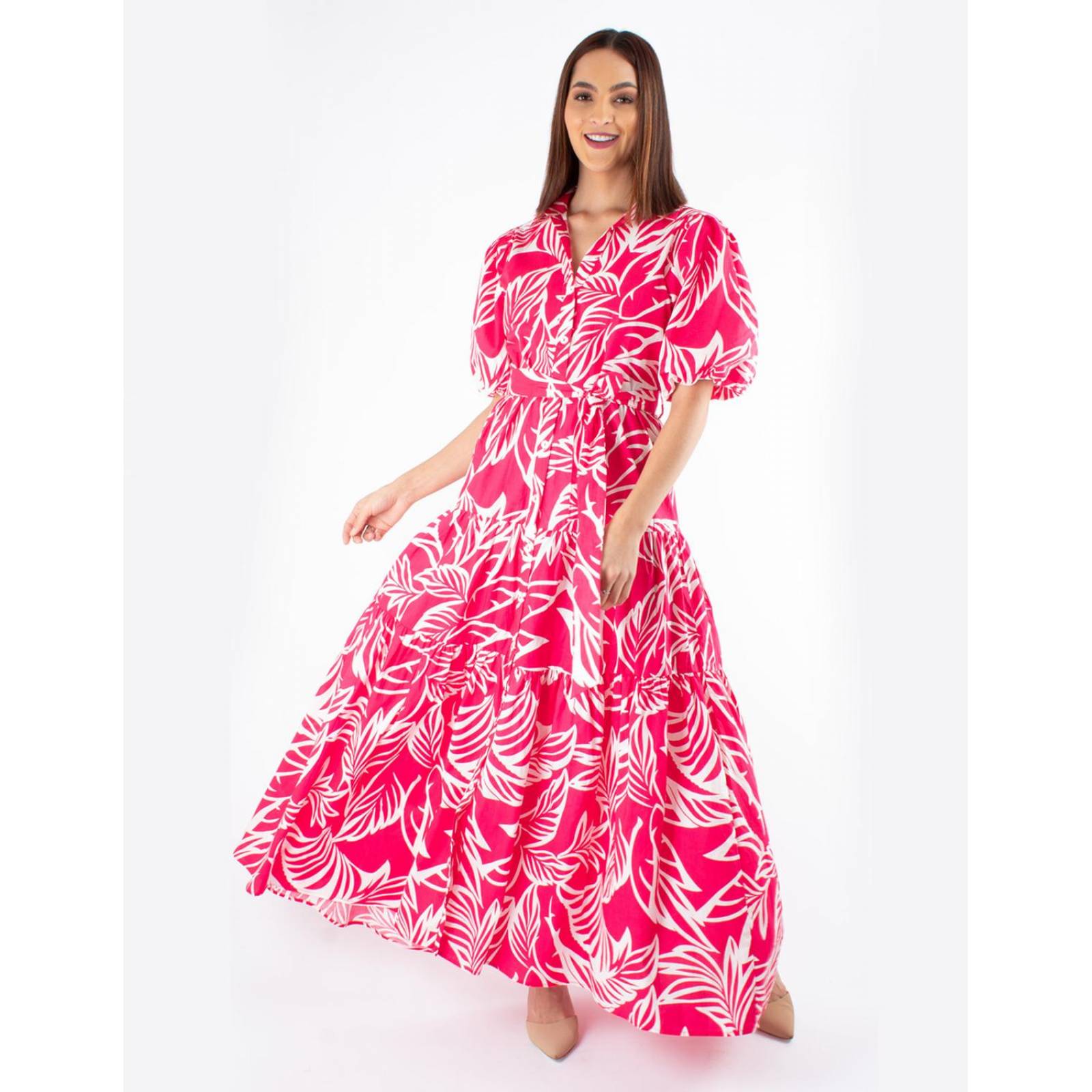 Vestido camisero de algodón, con manga bomba 