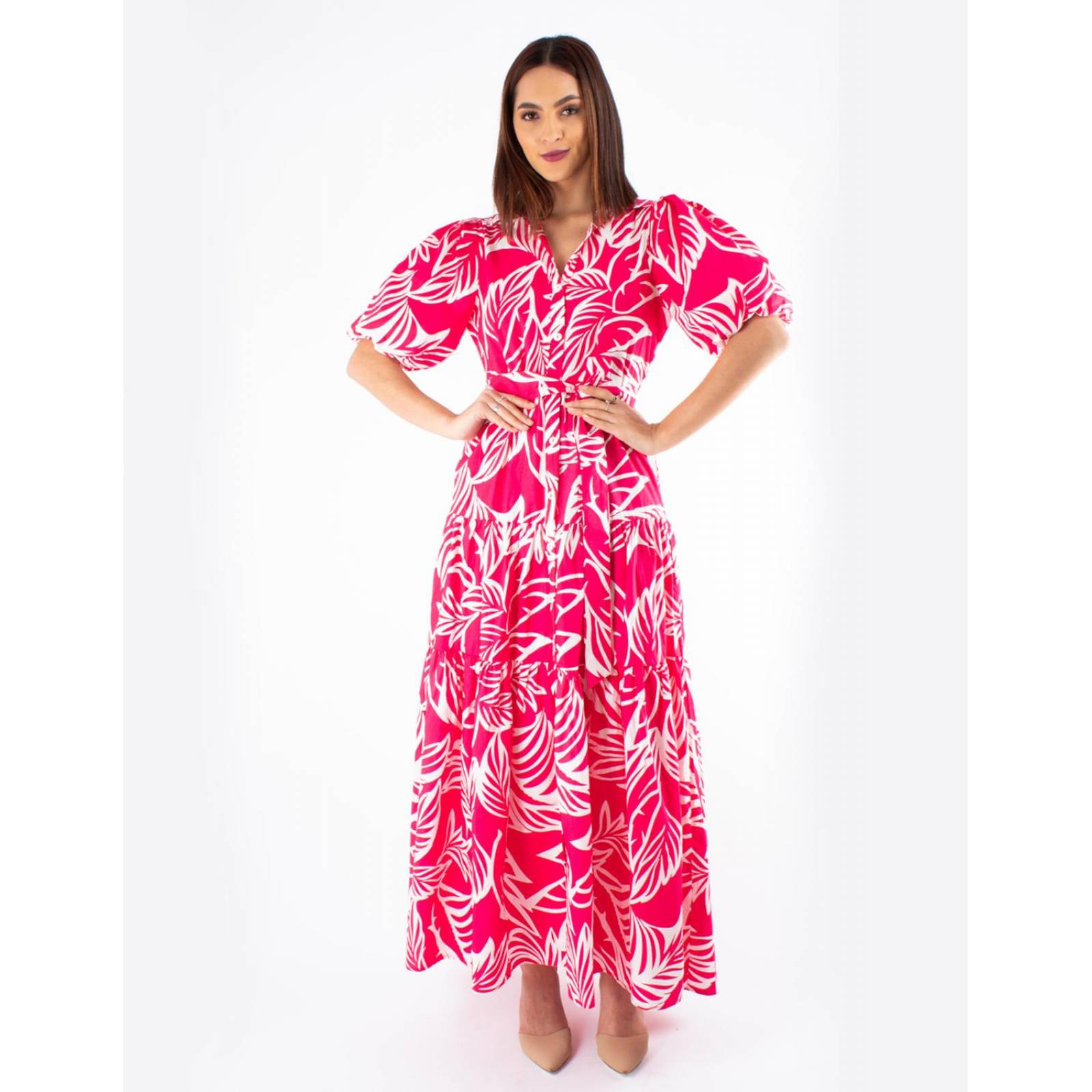 Vestido camisero de algodón, con manga bomba 