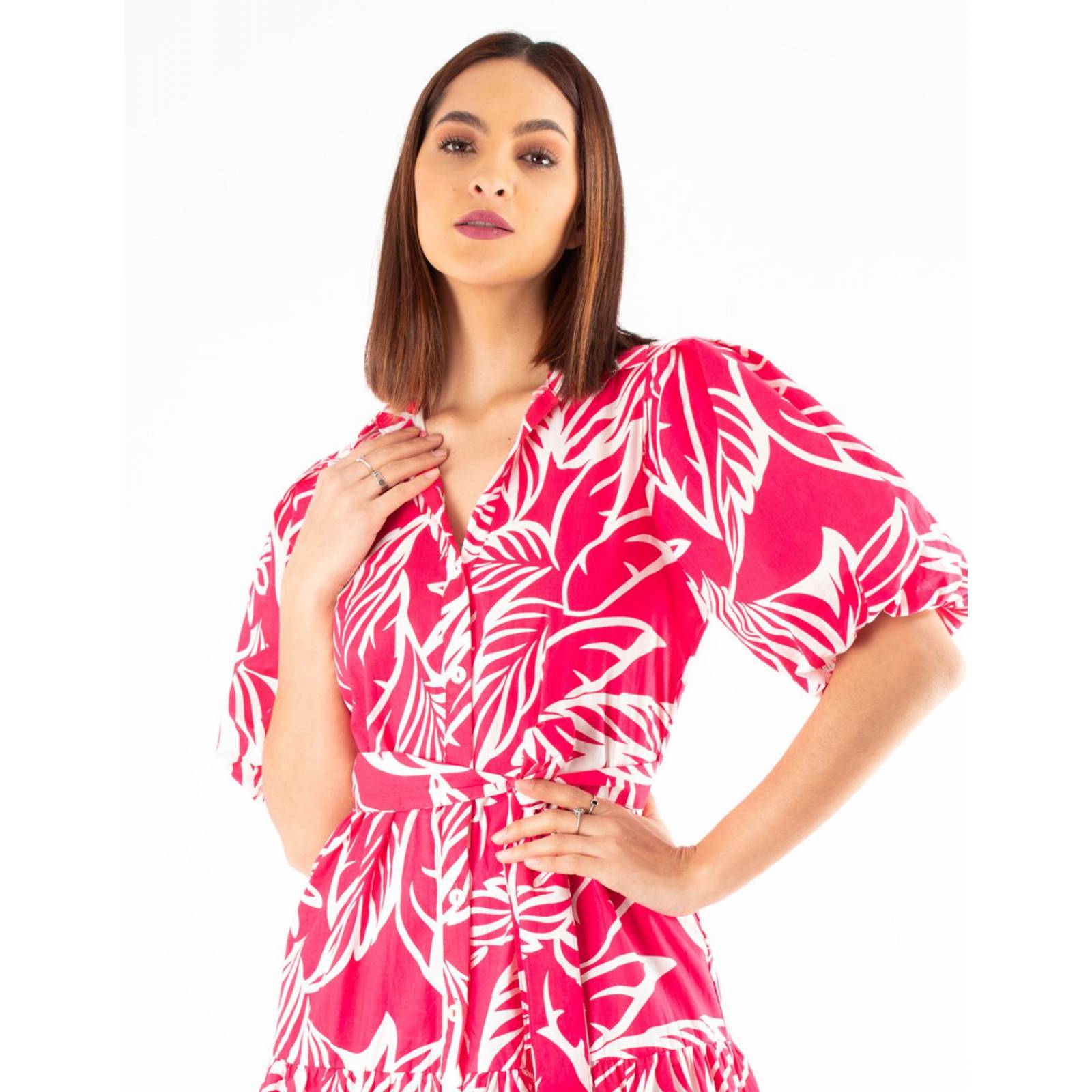 Vestido camisero de algodón, con manga bomba 