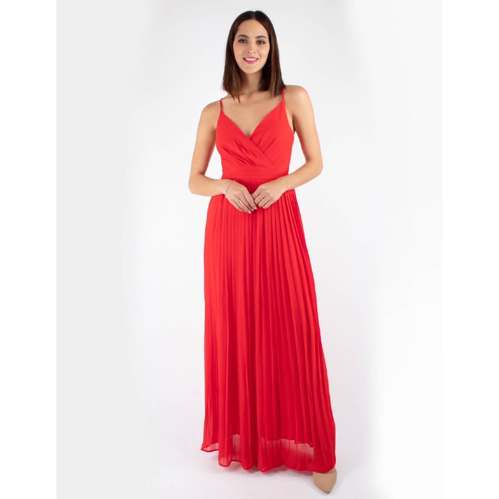 Maxi vestido de tirantes con falda plisada