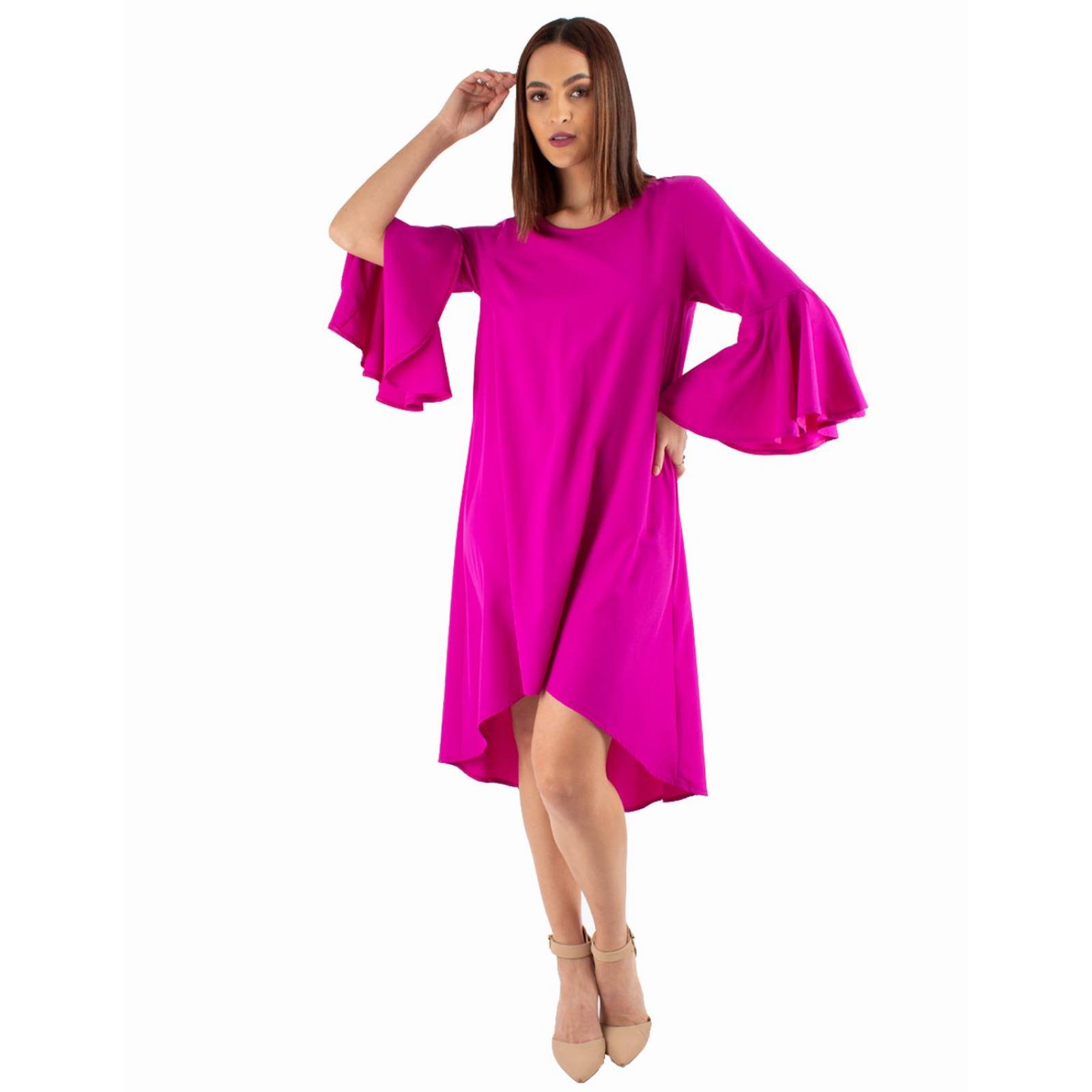 Vestido largo asimétrico manga campana 