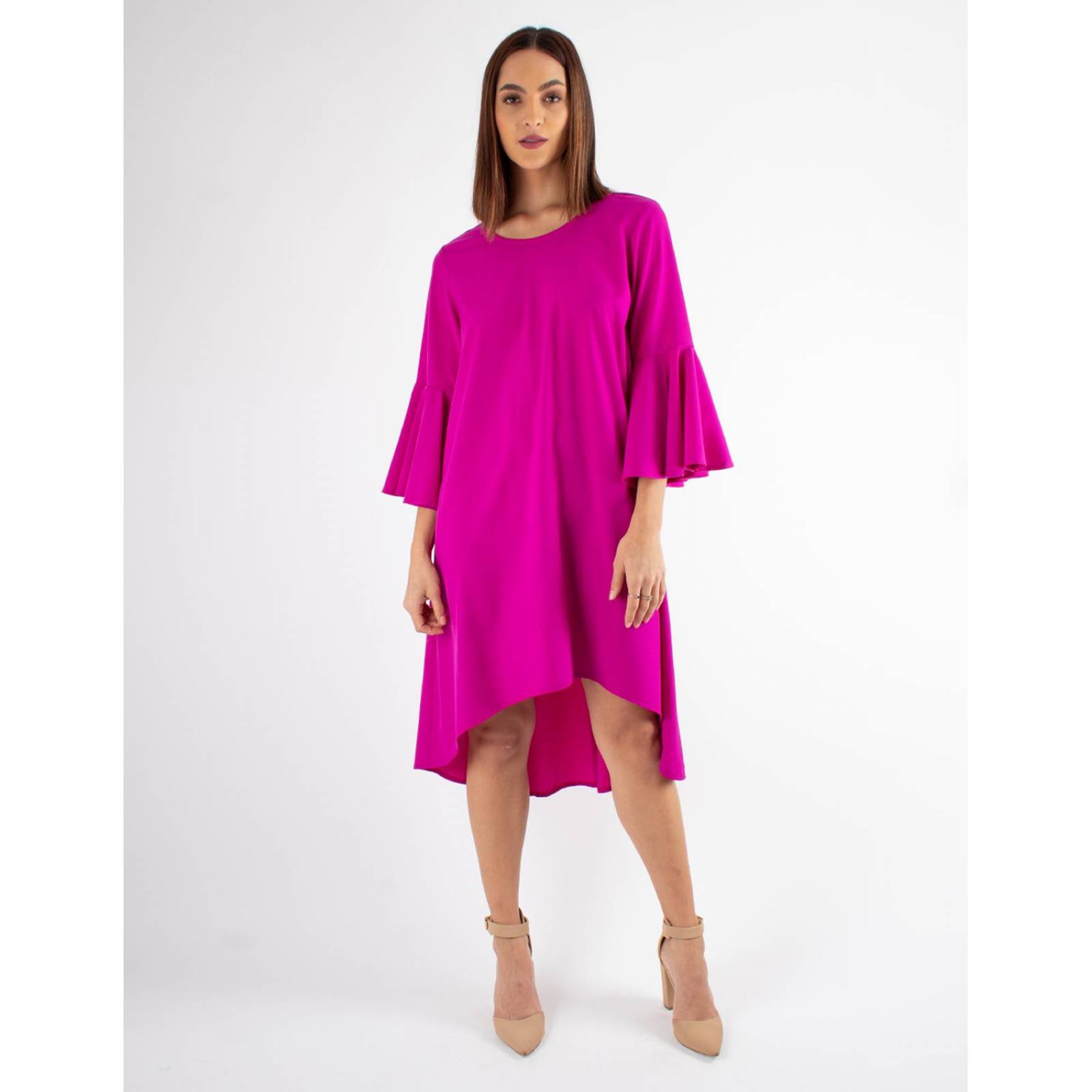 Vestido largo asimétrico manga campana 