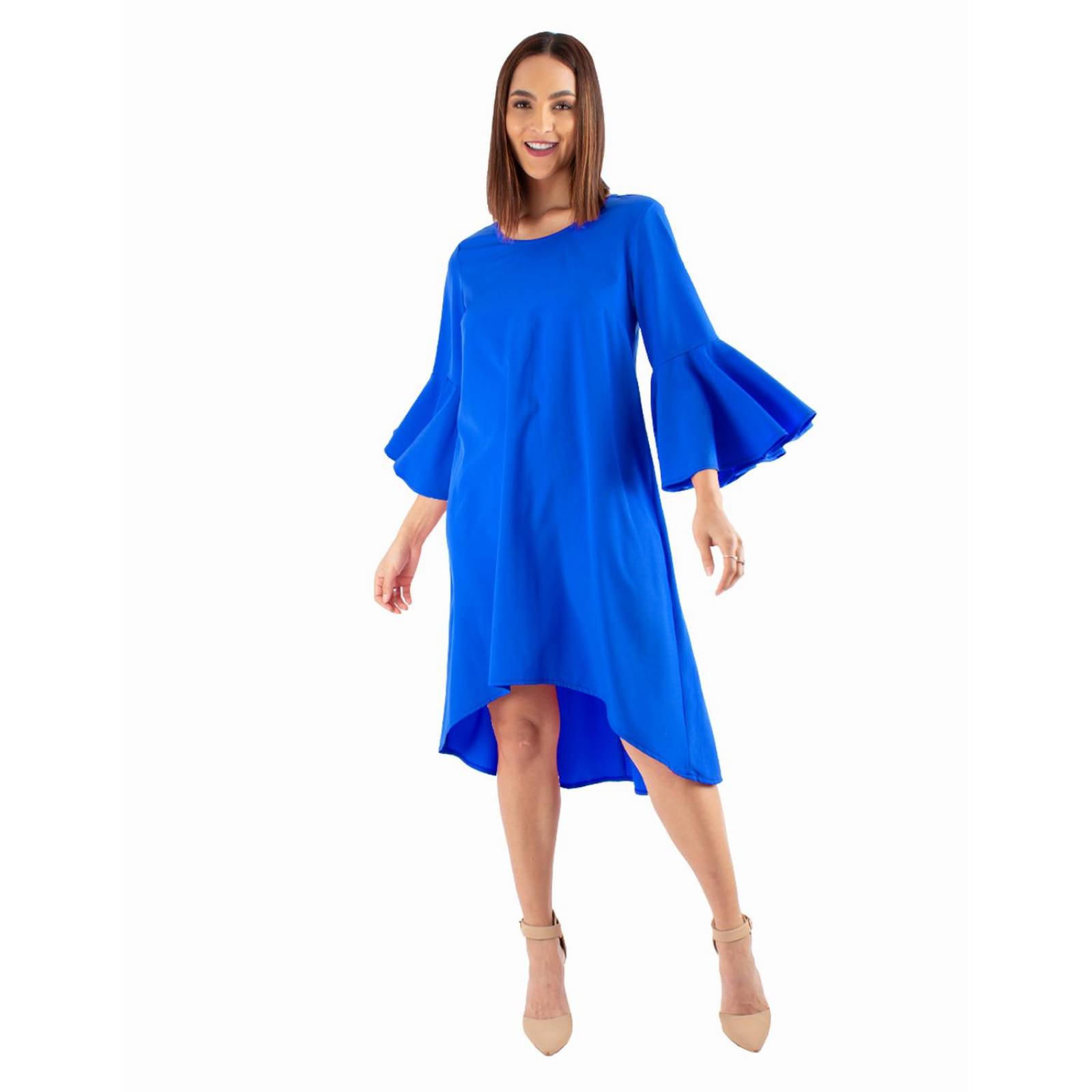 Vestido largo asimétrico manga campana 