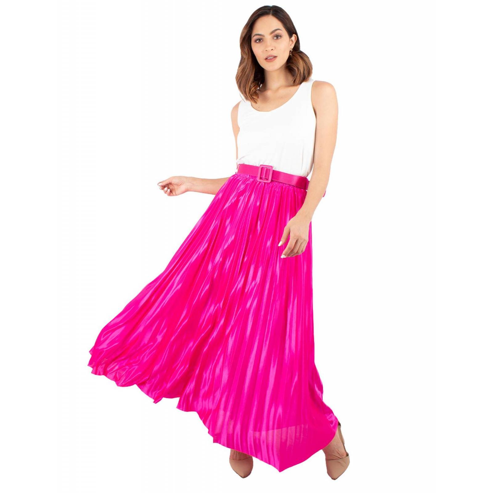 Maxi falda satinada plisada con cinto 