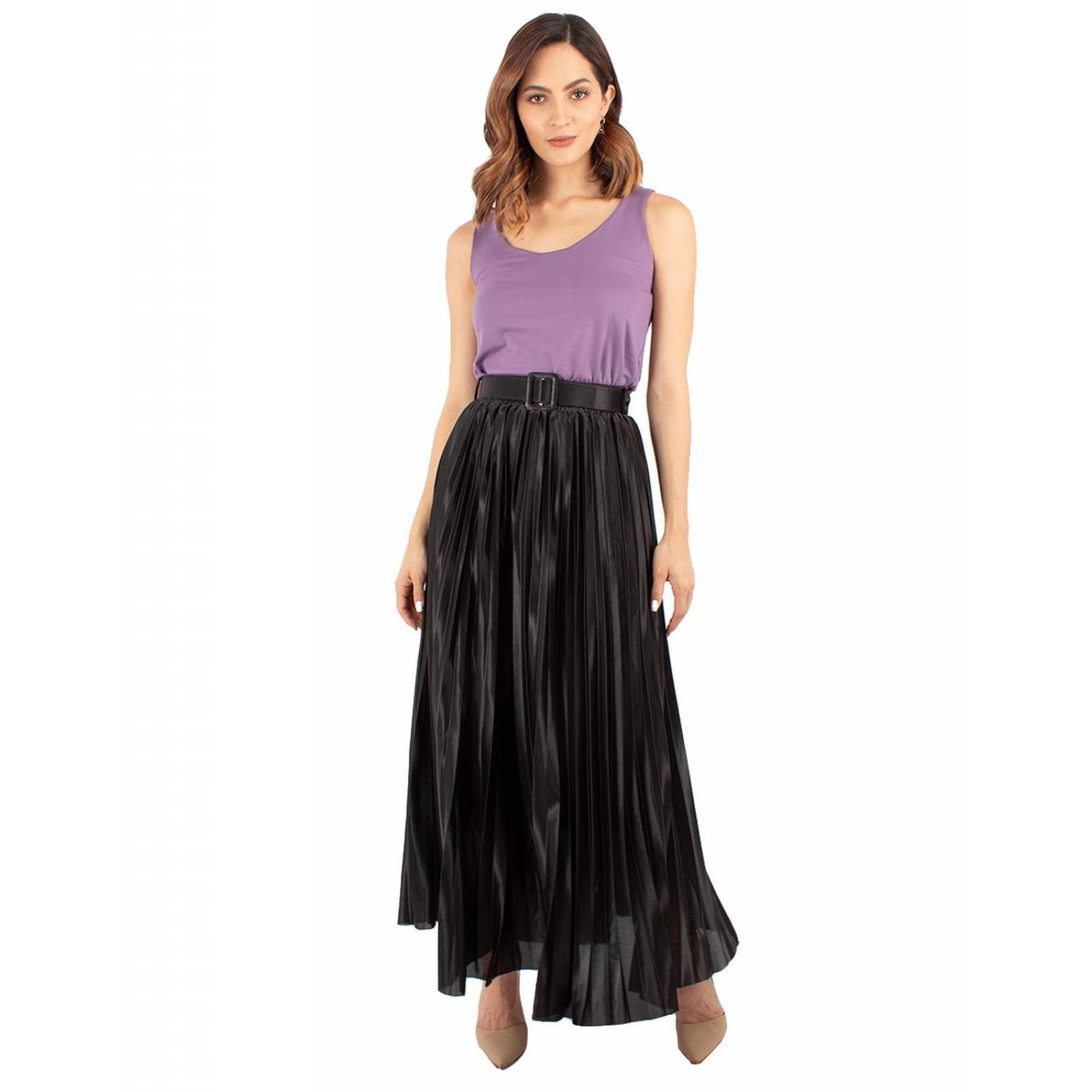 Maxi falda satinada plisada con cinto 