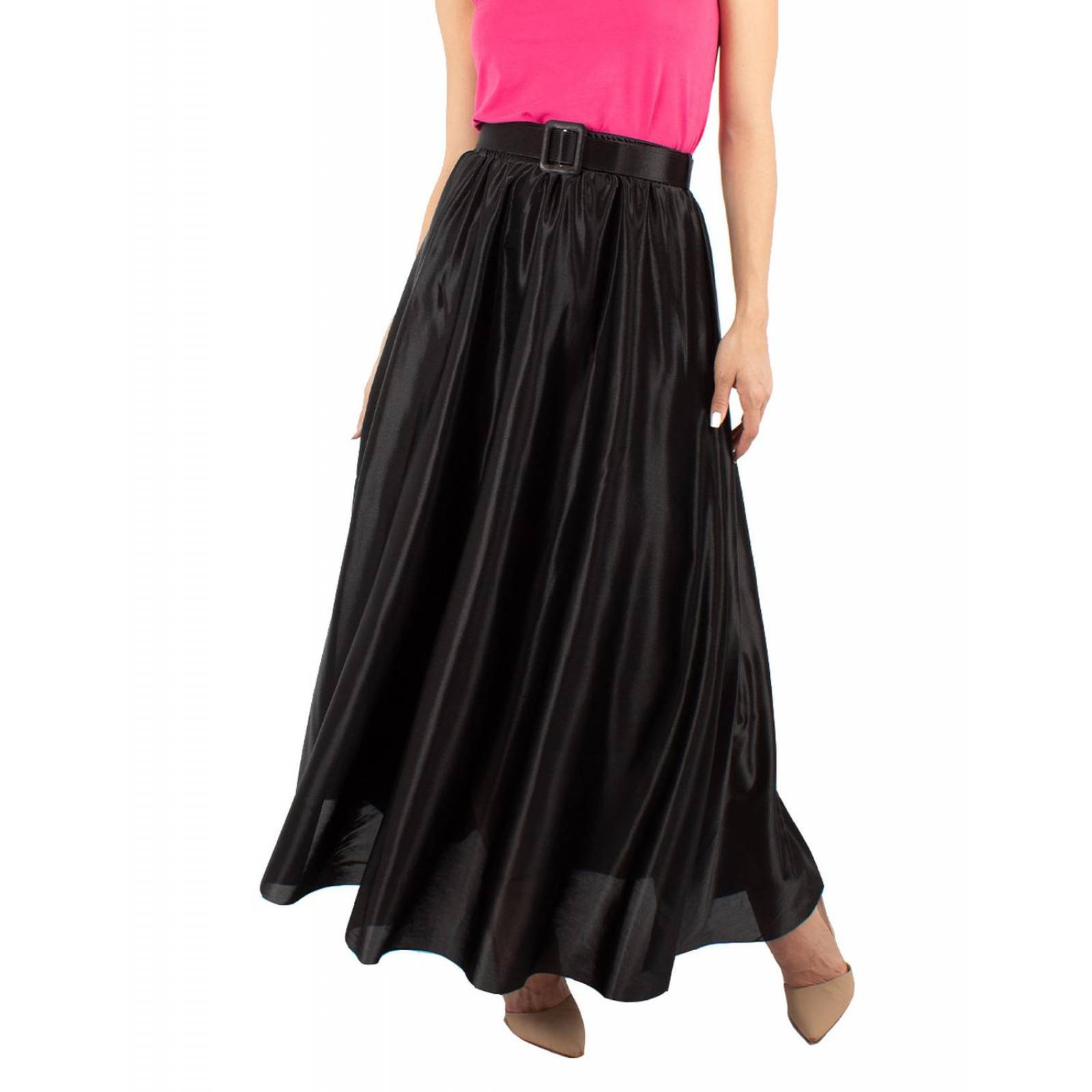 Maxi falda semicircular satinada con cinto