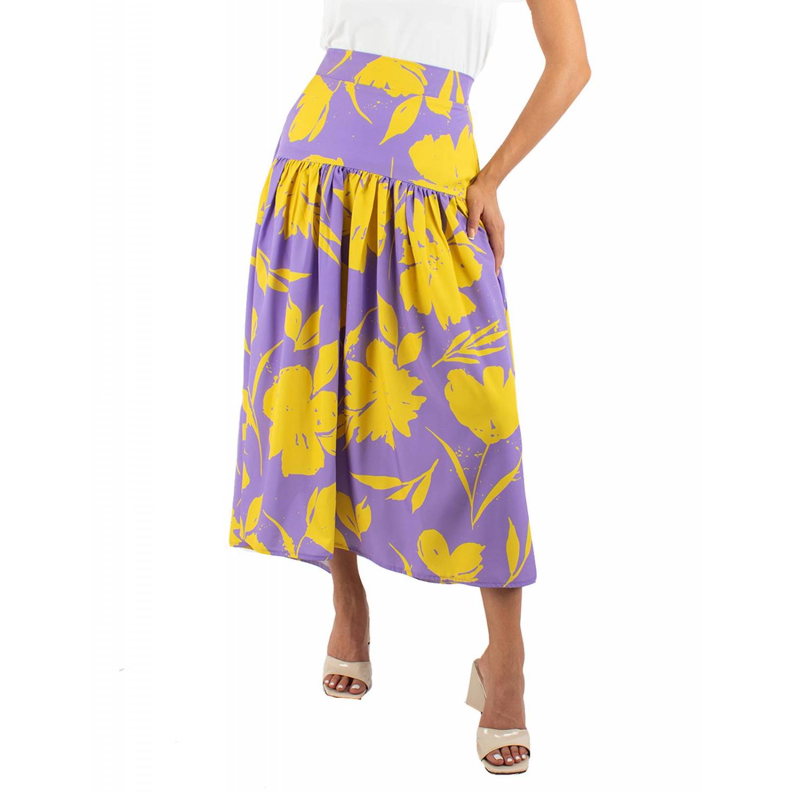 Falda con olán ancho fruncido de print floral lila con amarillo 
