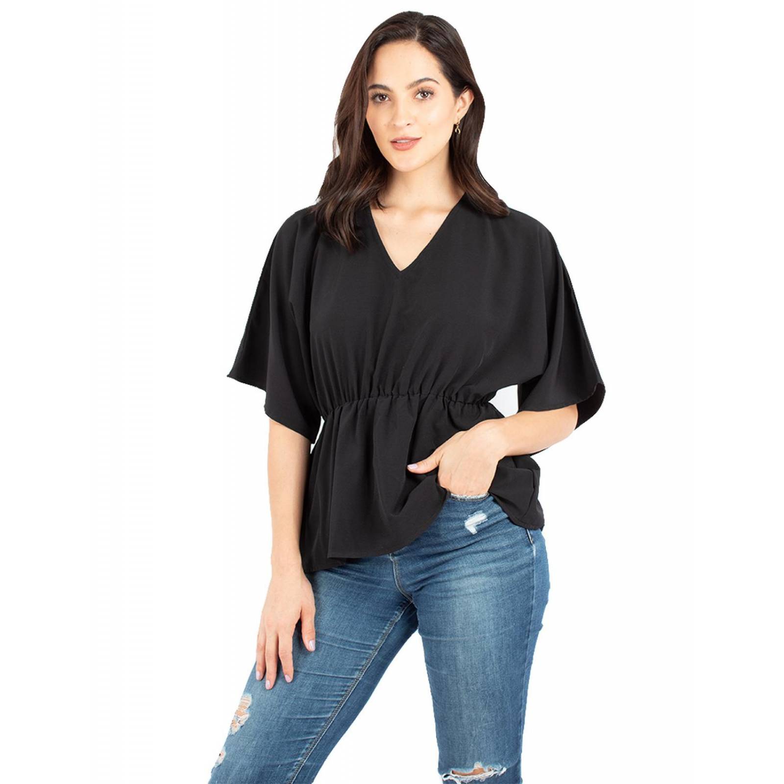 Blusa manga amplia con elástico en la cintura