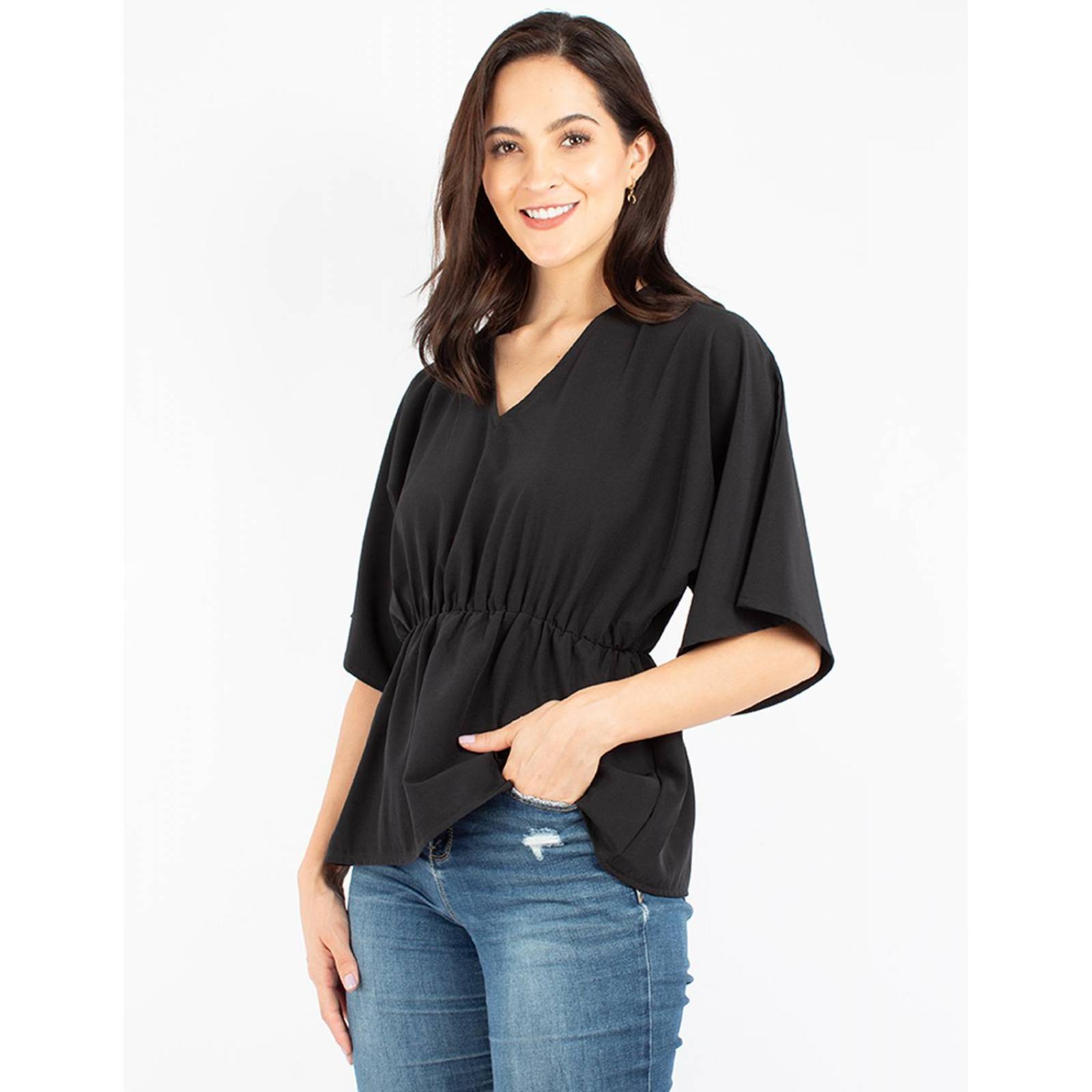 Blusa manga amplia con elástico en la cintura