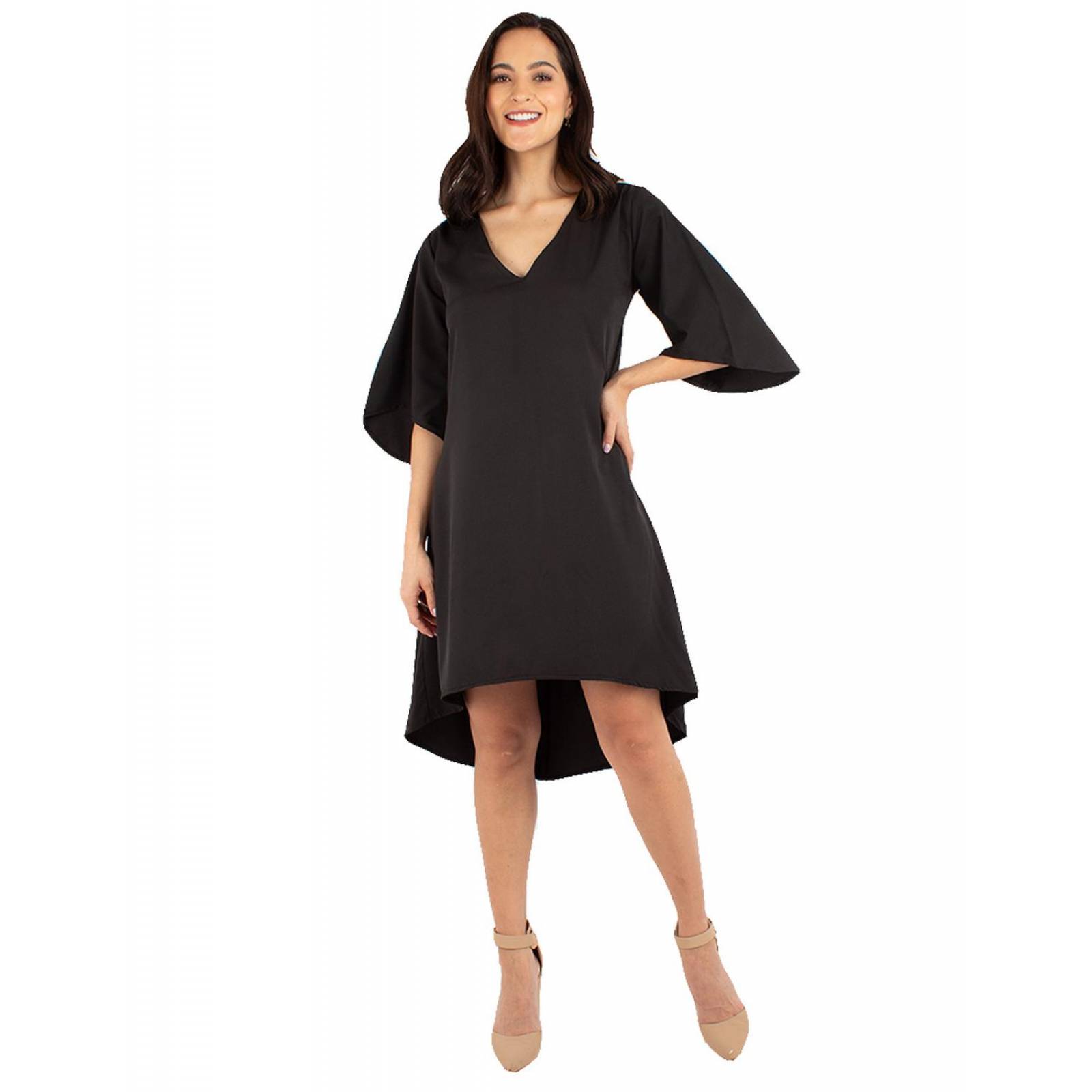 Vestido asimétrico manga campana 