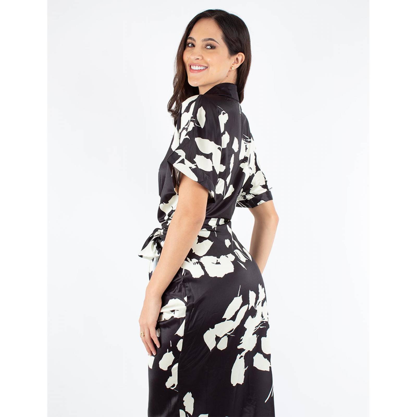 Vestido floral camisero satinado drapeado