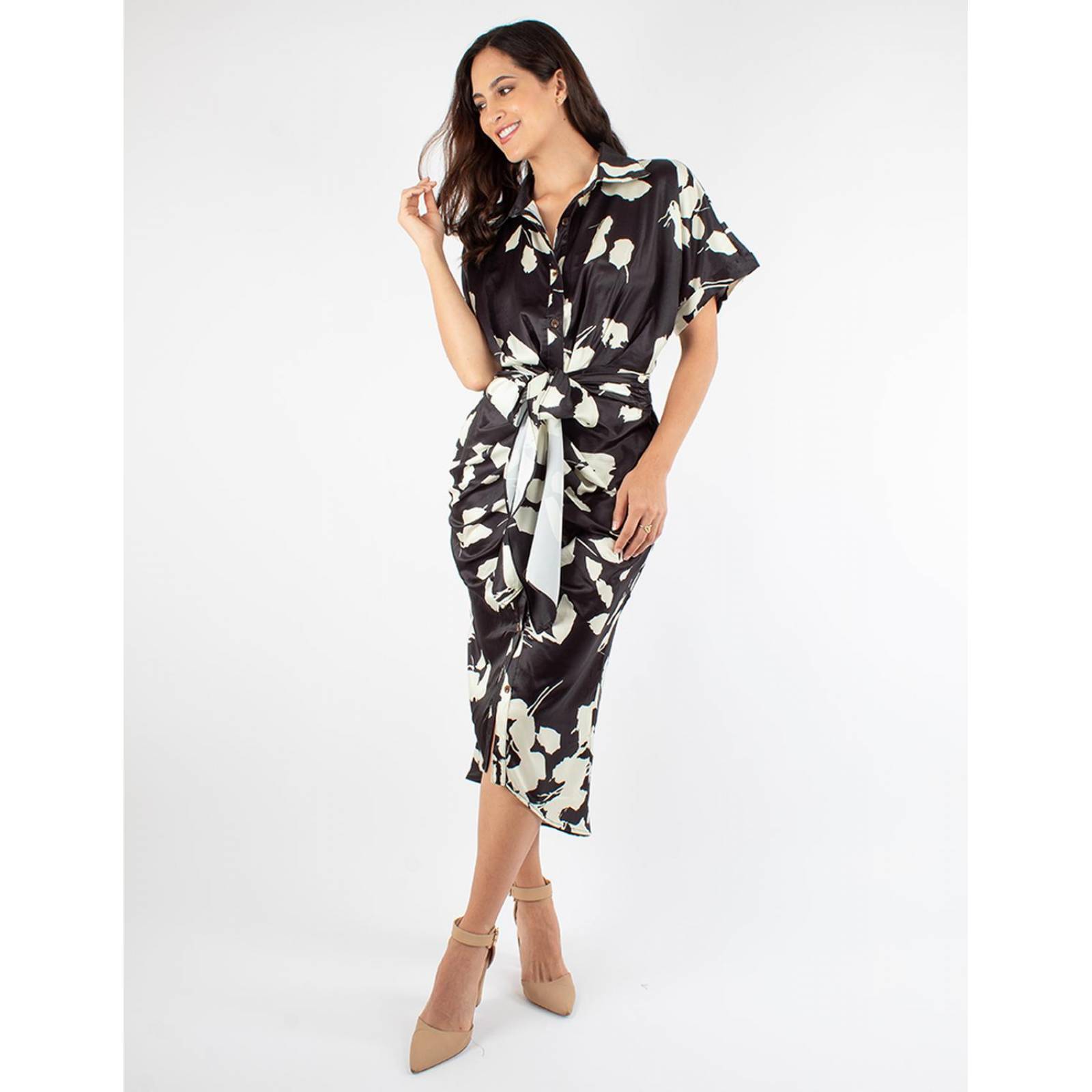 Vestido floral camisero satinado drapeado