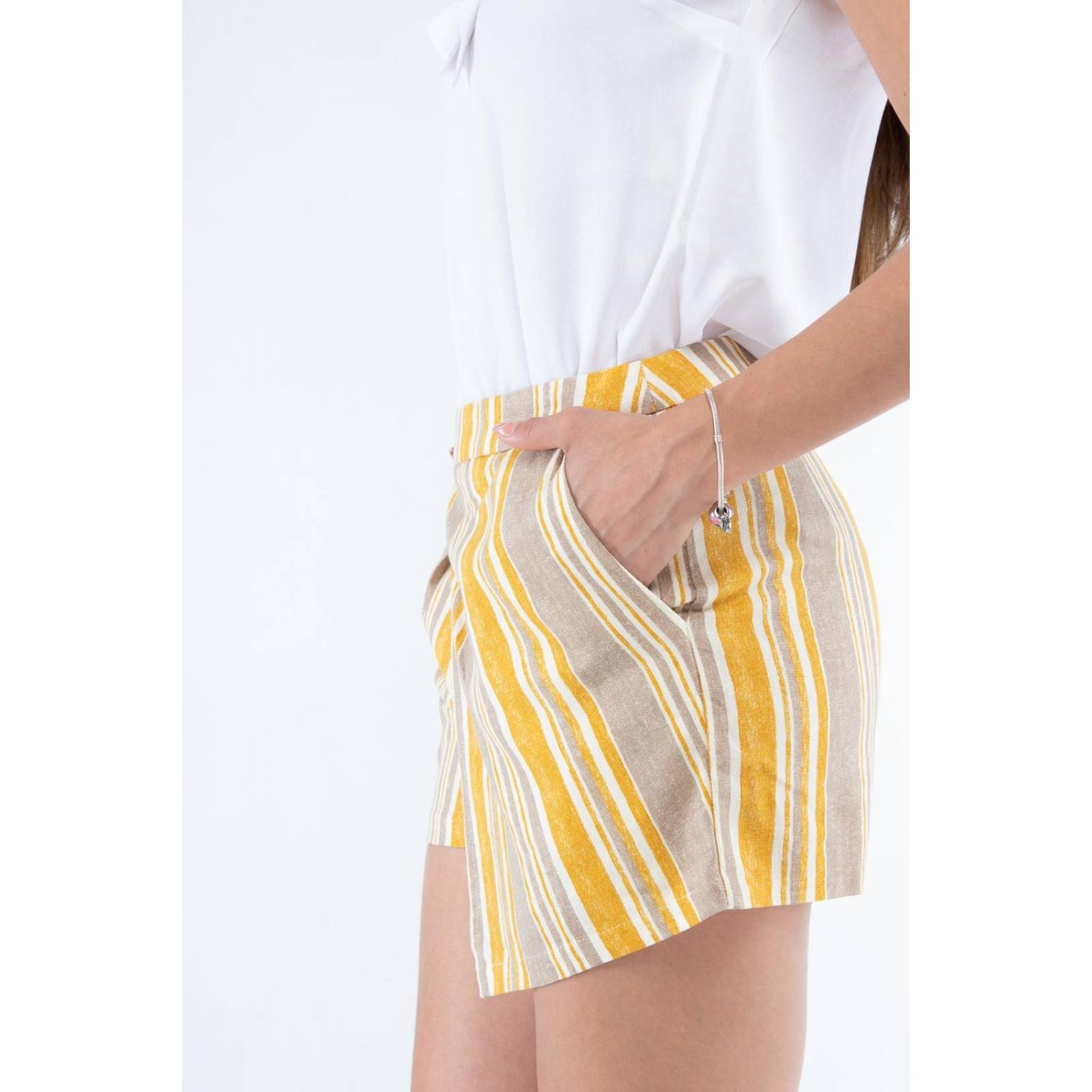 Falda short de lino con rayas amarillas AMAD para dama 