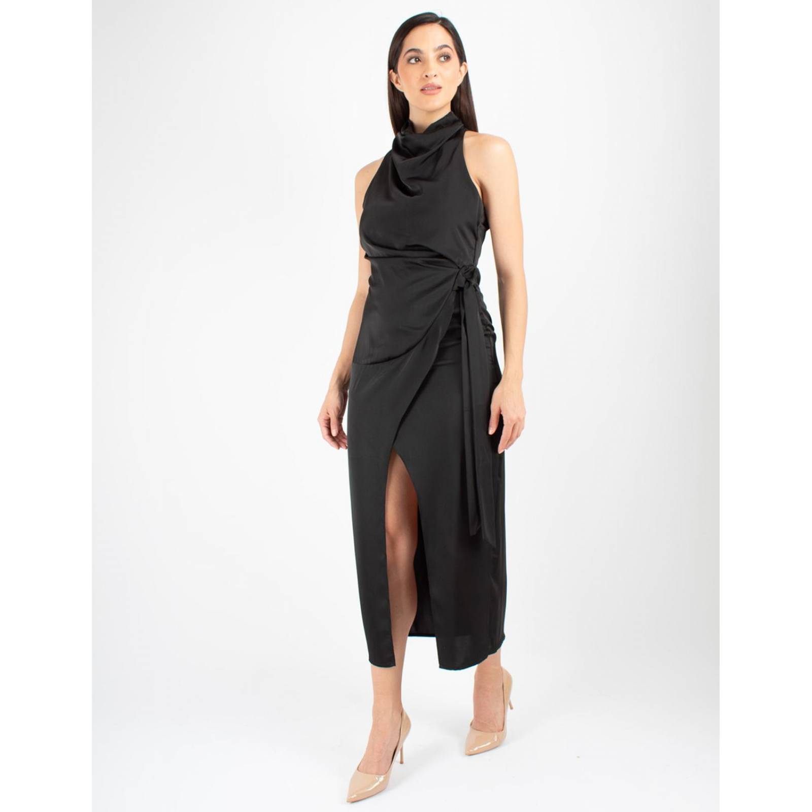 Vestido falda lápiz con abertura, cuello halter 