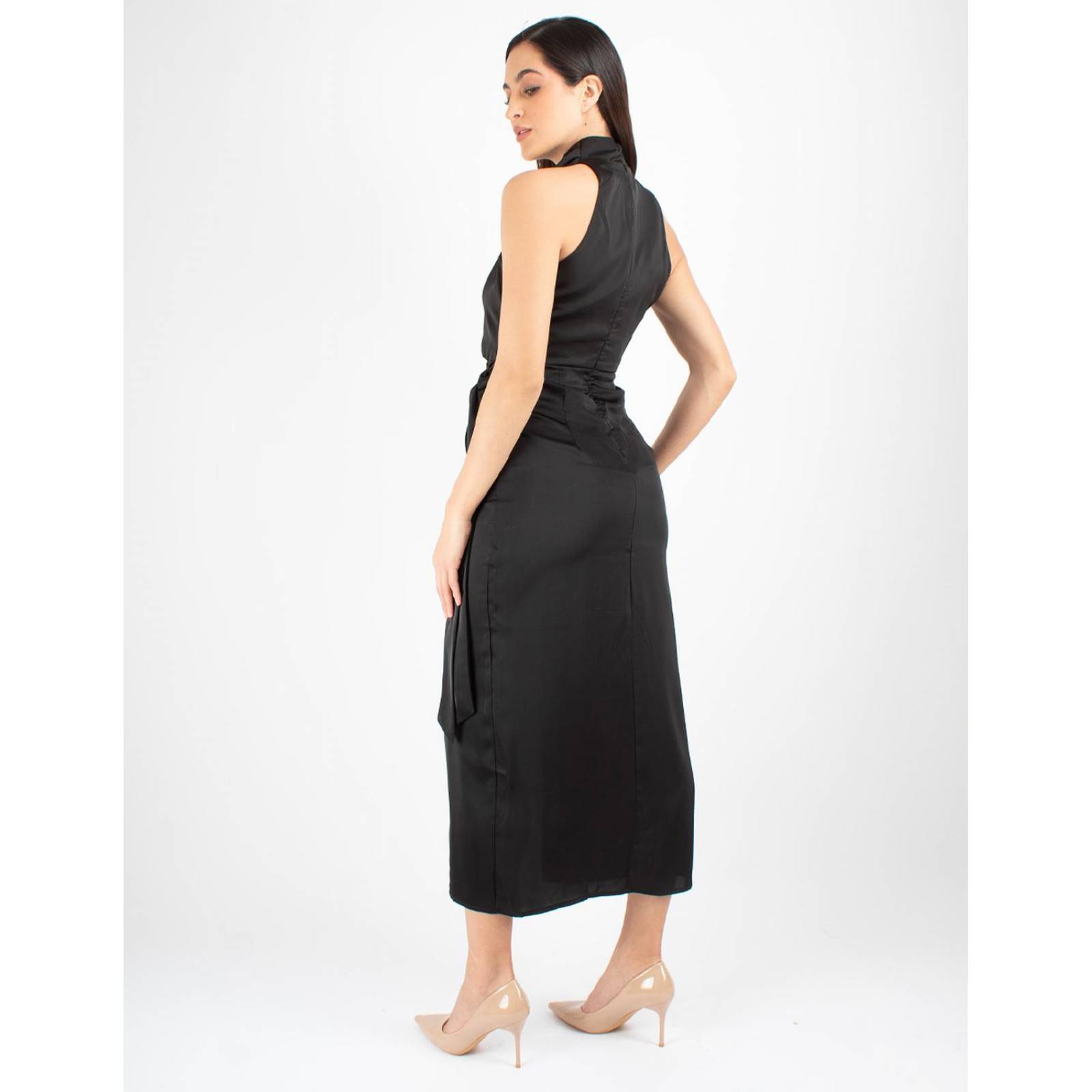 Vestido falda lápiz con abertura, cuello halter 