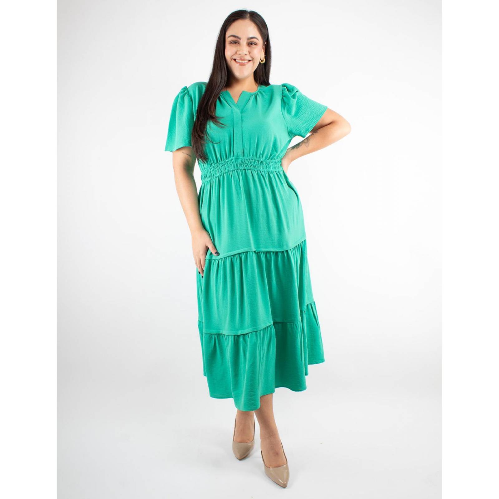 Vestido Curvy casual con elástico en la cintura y manga corta 