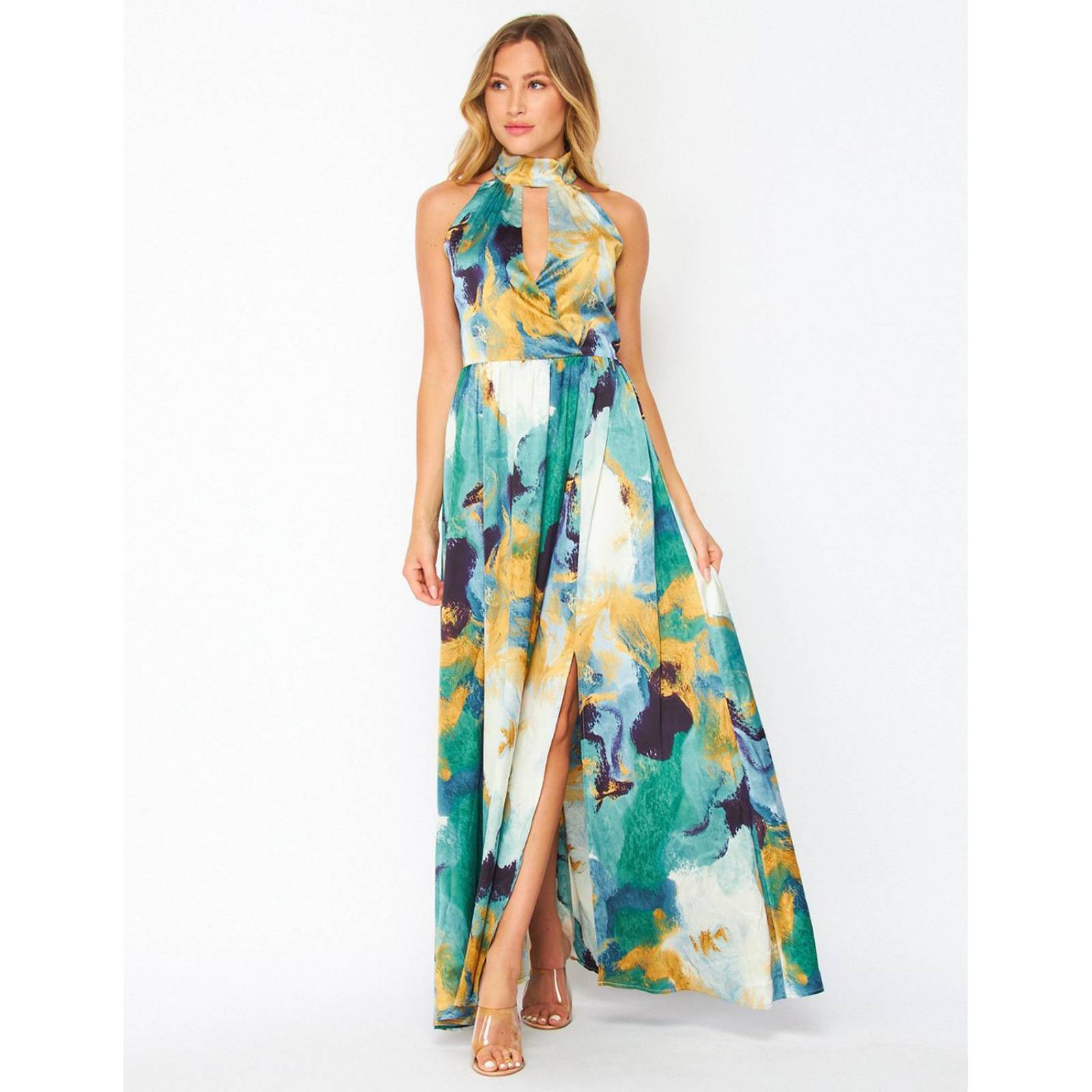 Vestido satinado print verde, cuello halter 