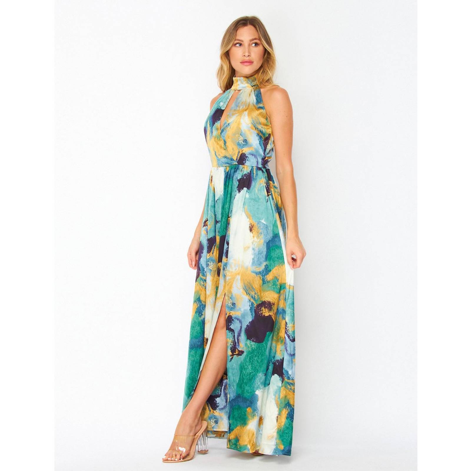 Vestido satinado print verde, cuello halter 
