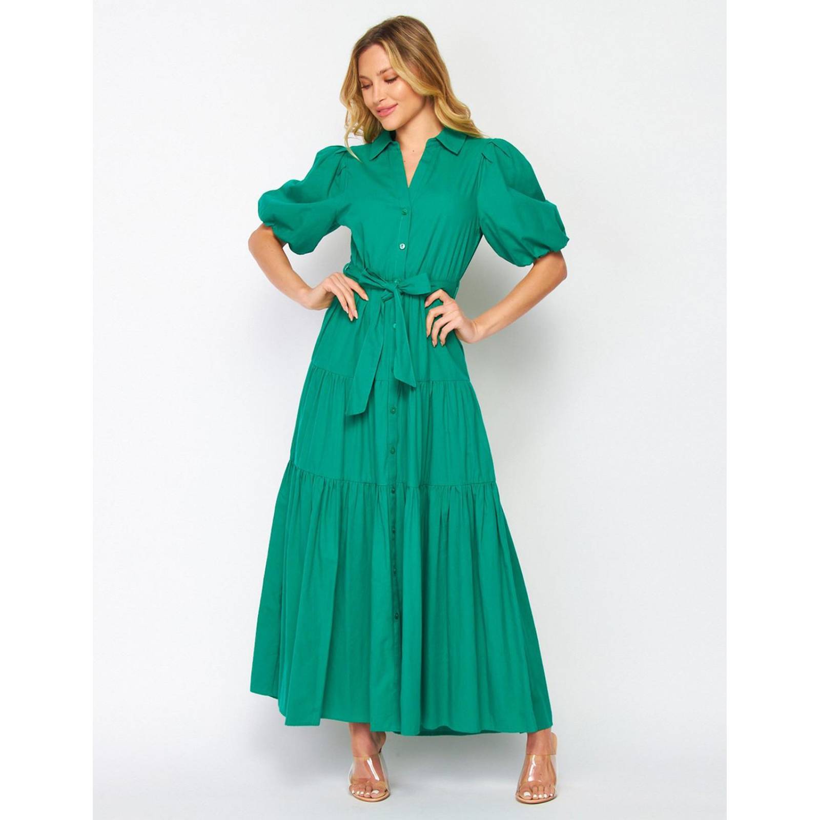 Vestido camisero de algodón manga bomba 