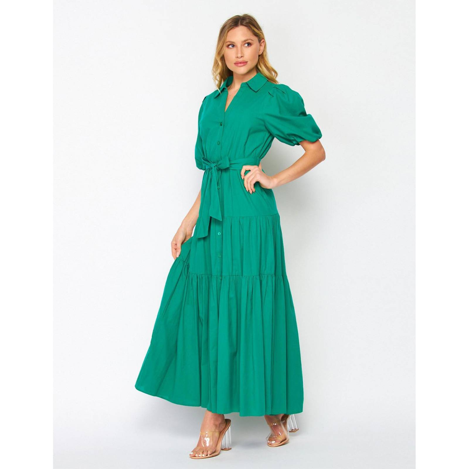 Vestido camisero de algodón manga bomba 