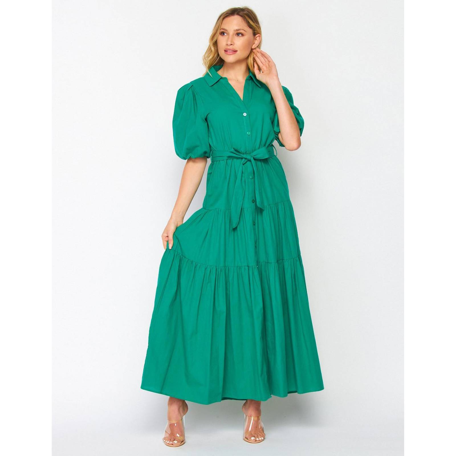 Vestido camisero de algodón manga bomba 