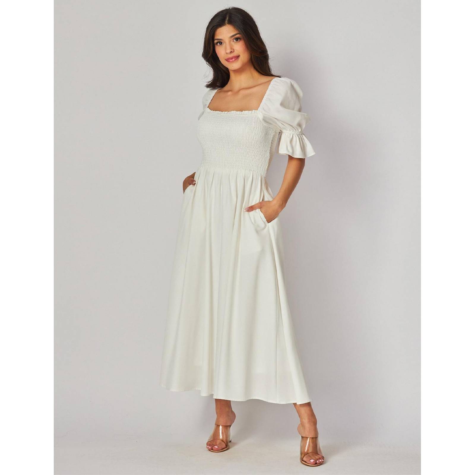 Vestido con elástico en el talle y manga bomba