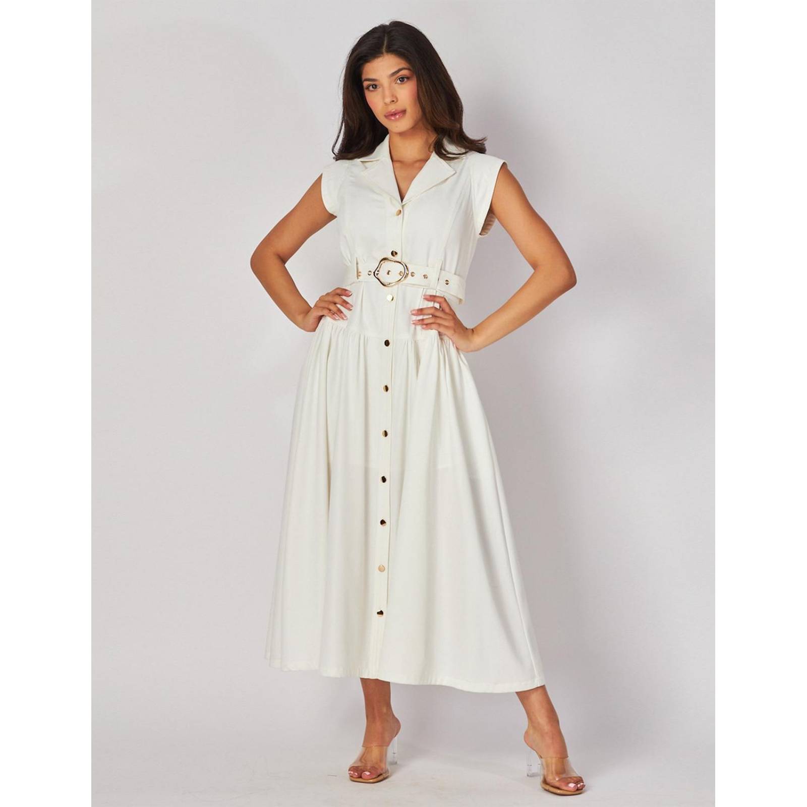 Vestido cuello camisero, manga corta y cinto 