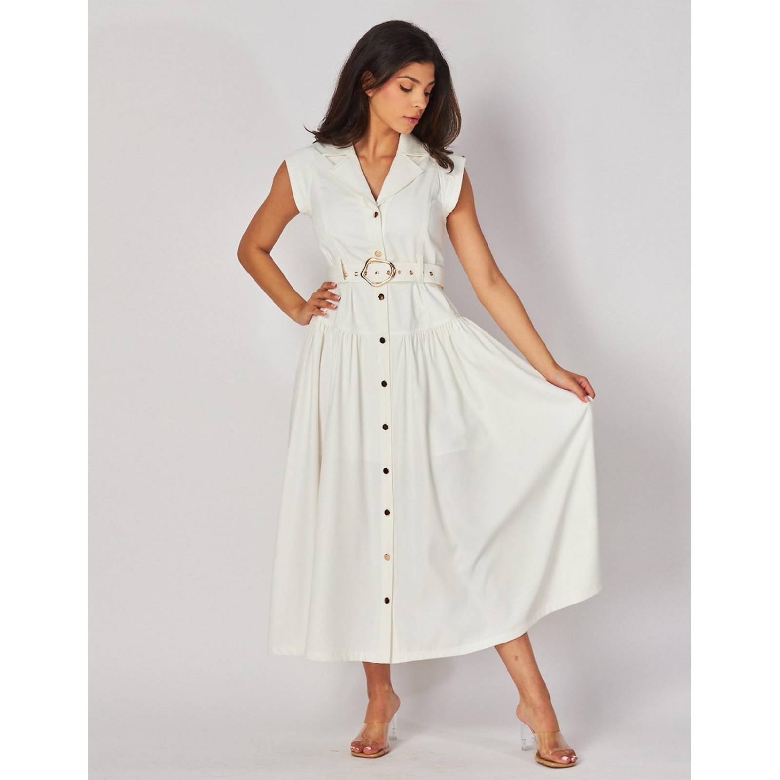 Vestido cuello camisero, manga corta y cinto 