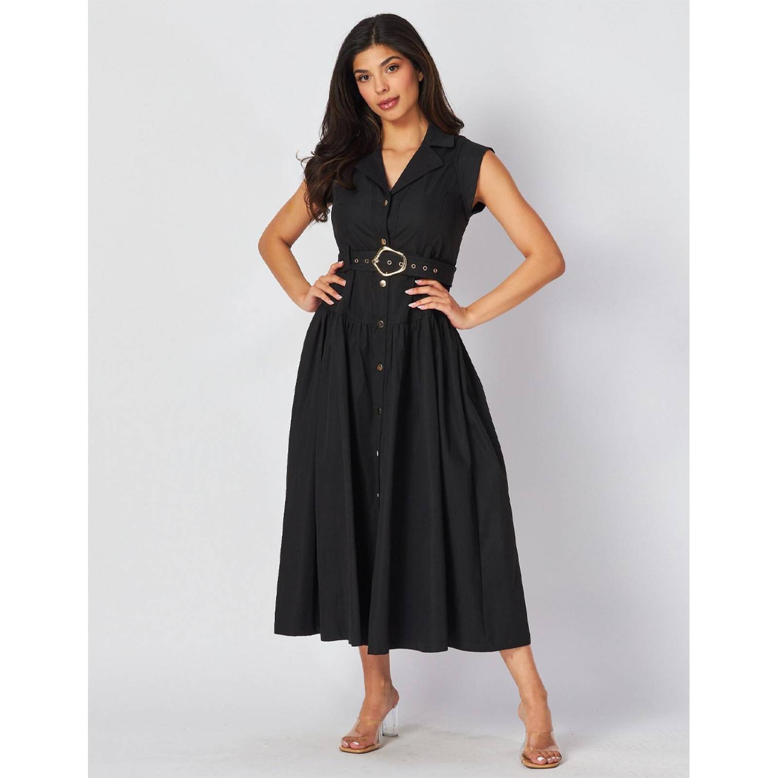 Vestido cuello camisero, manga corta y cinto 