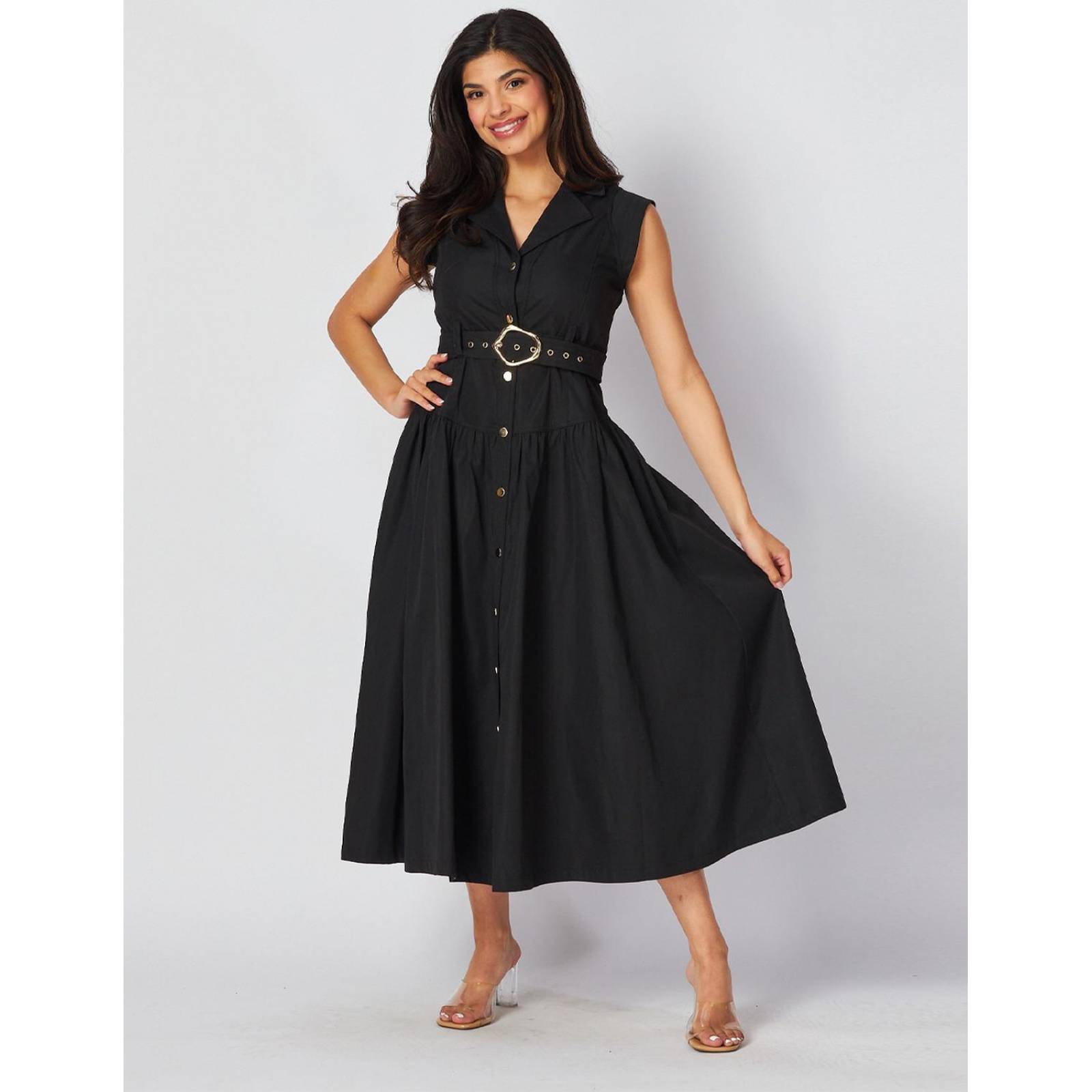 Vestido cuello camisero, manga corta y cinto 