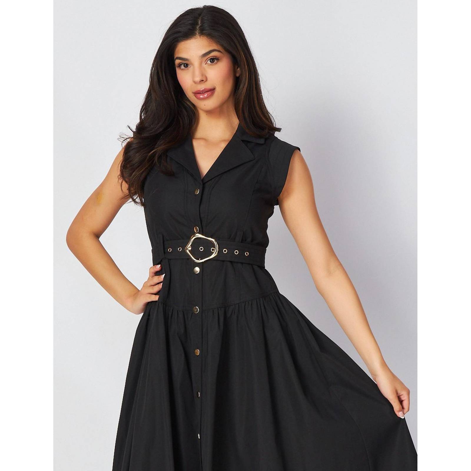 Vestido cuello camisero, manga corta y cinto 
