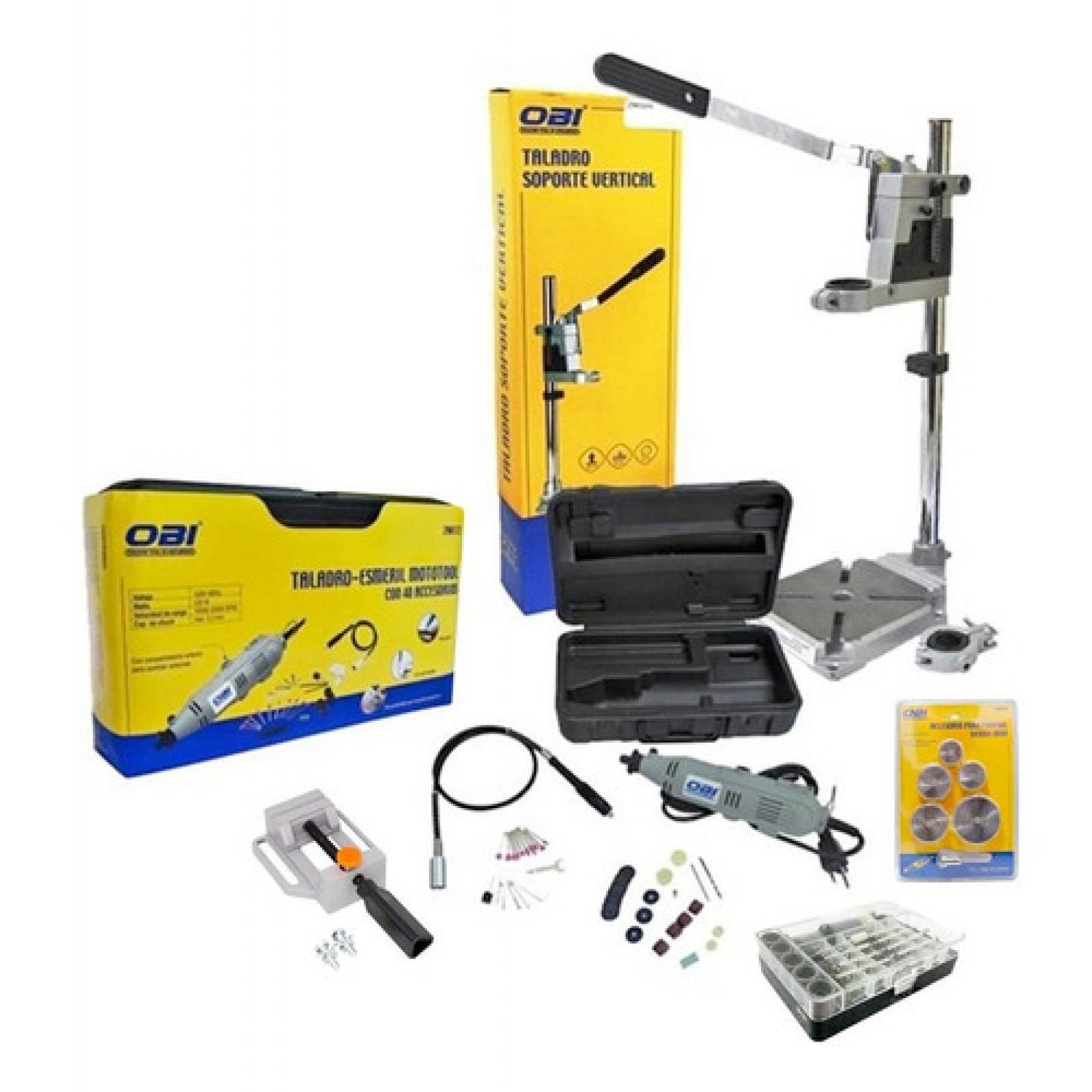 Super Combo Mototool Con 166 Accesorios Soporte Y Morsa Obi