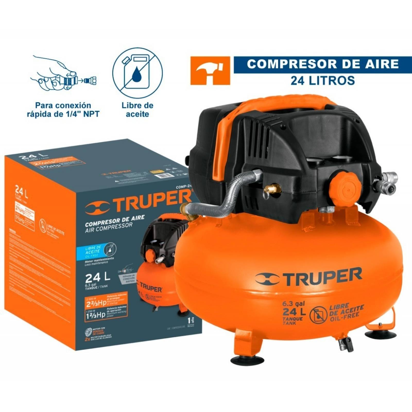 Compresor De Aire Libre De Aceite, 24l, Truper, 13830