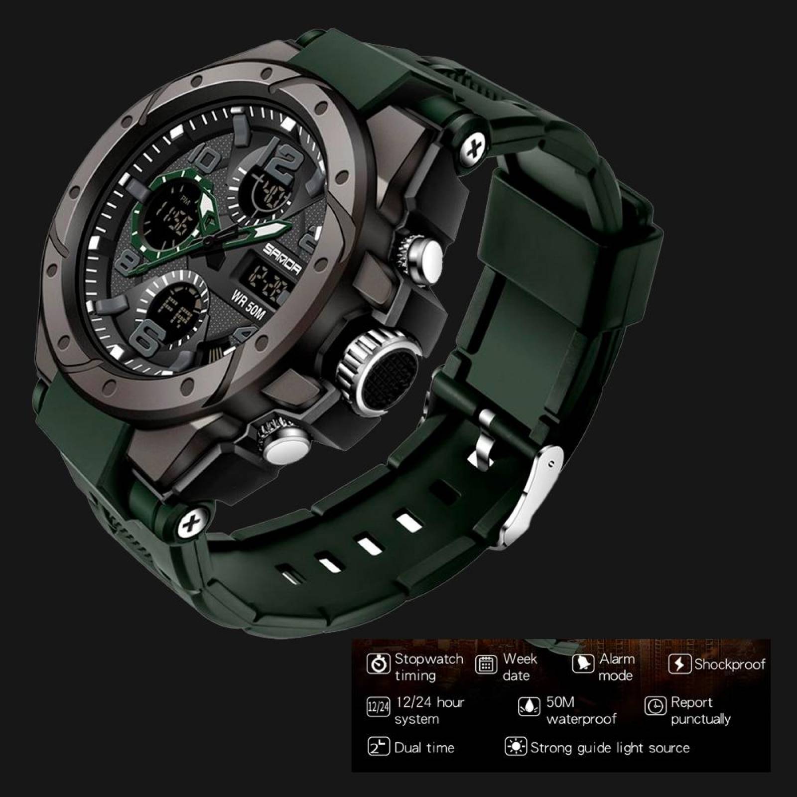 Reloj Dual Militar Deportivo Digital Uso Rudo Resistencia Contra Agua 5 bar SD 