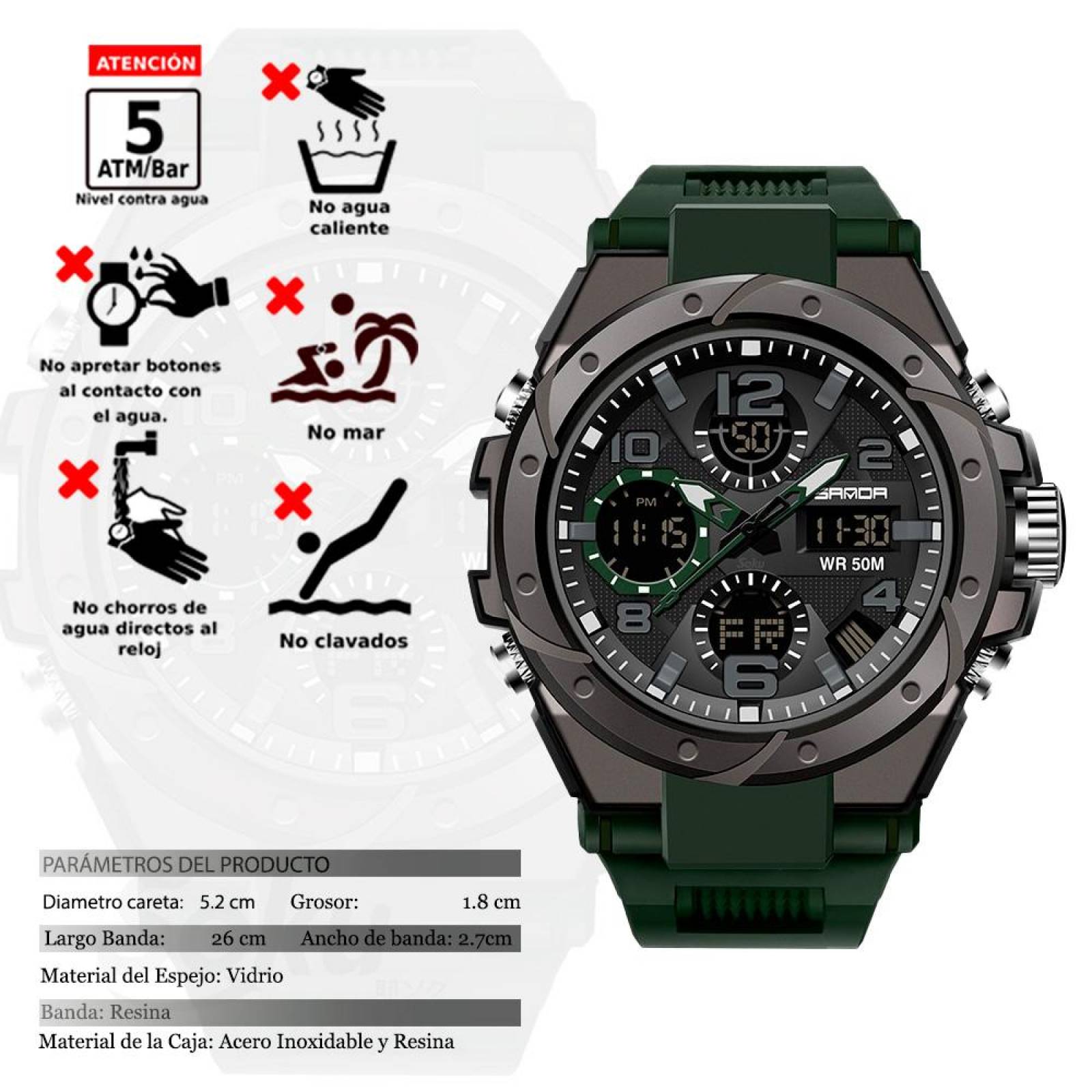 Reloj Dual Militar Deportivo Digital Uso Rudo Resistencia Contra Agua 5 bar SD 