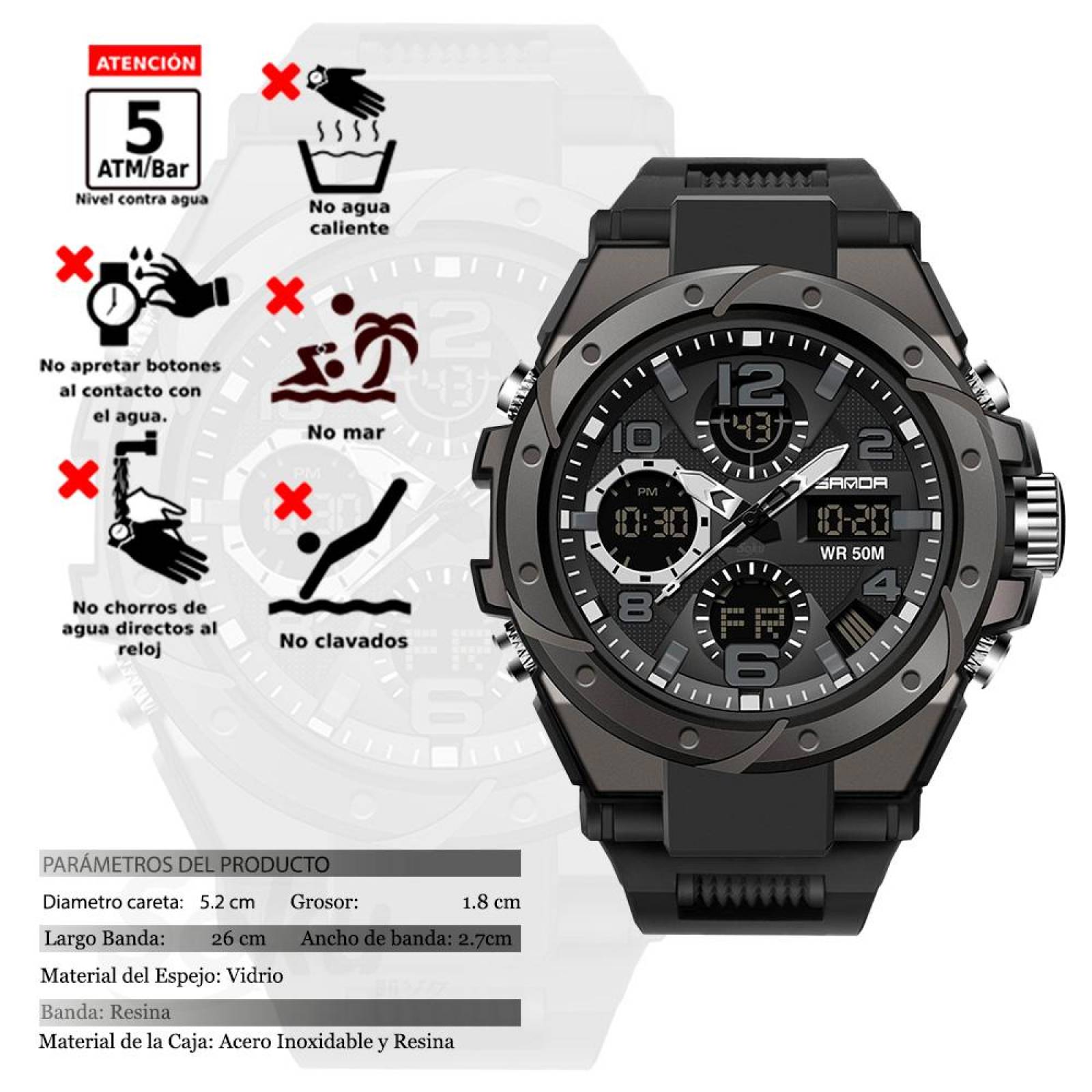 Reloj Dual Militar Deportivo Digital Uso Rudo Resistencia Contra Agua 5 bar SD 