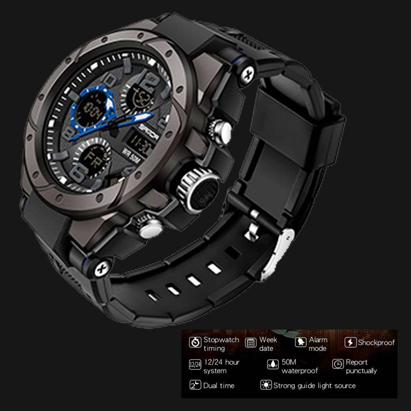 Reloj Dual Militar Deportivo Digital Uso Rudo Resistencia Contra Agua 5 bar SD