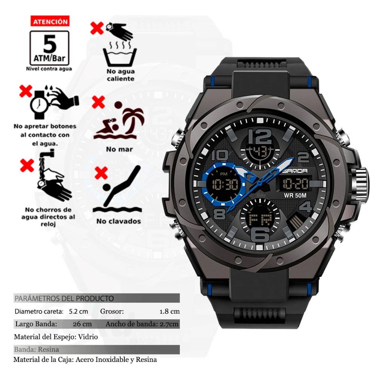Reloj Dual Militar Deportivo Digital Uso Rudo Resistencia Contra Agua 5 bar SD