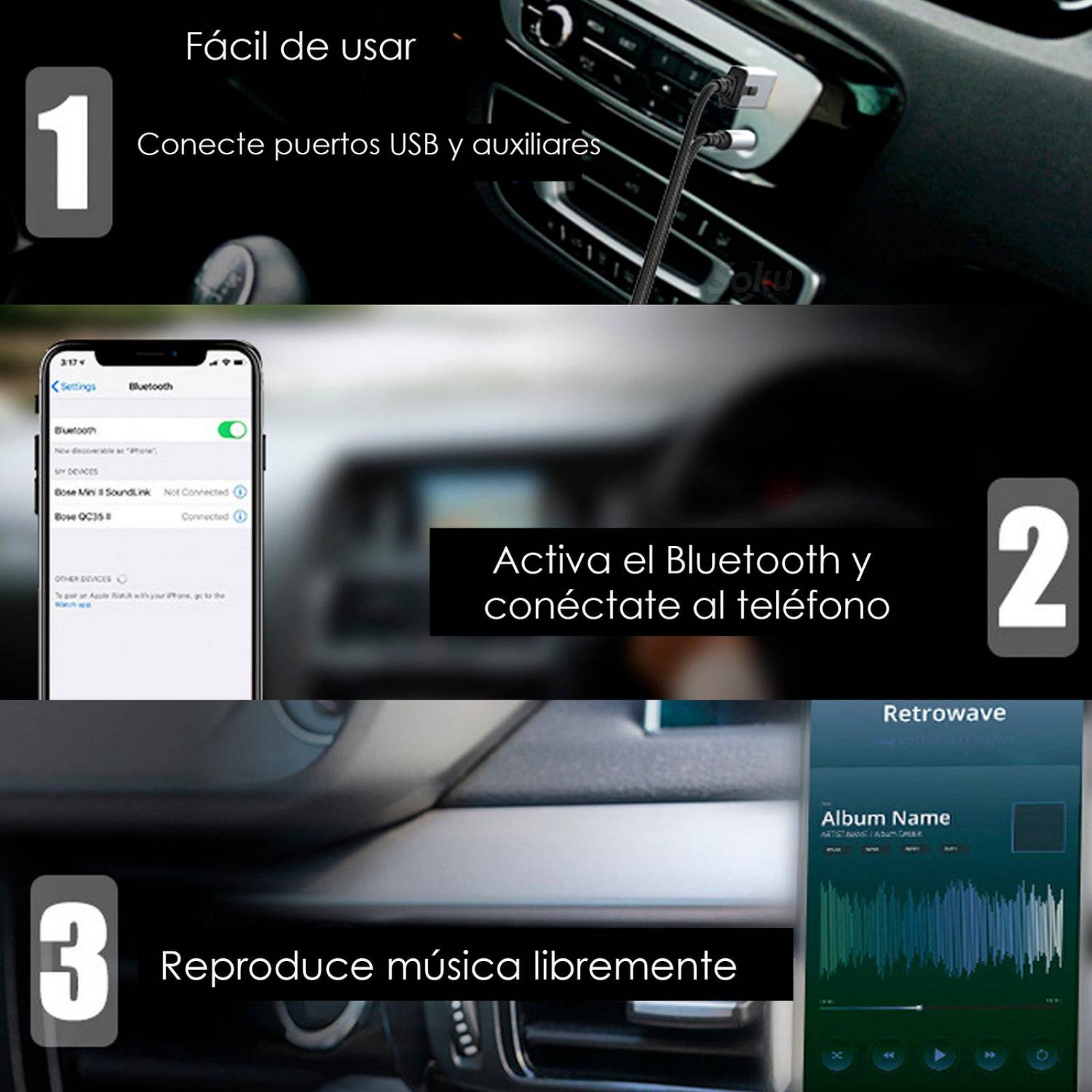 Cable USB Auxiliar 3.5 mm 3 polos transmisor bluetooth fidelidad 