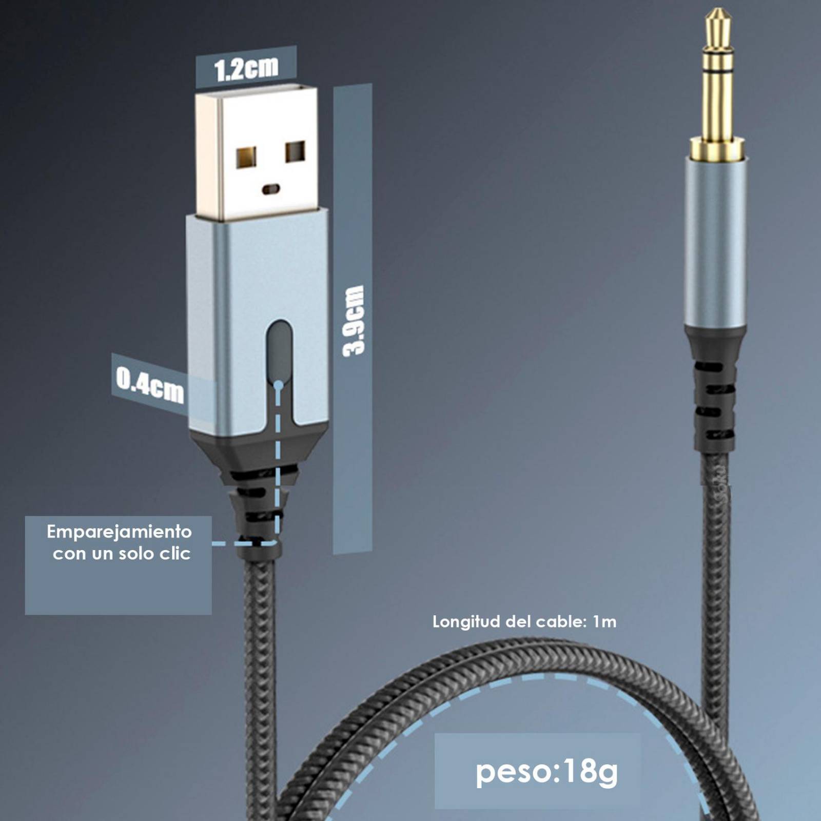Cable USB Auxiliar 3.5 mm 3 polos transmisor bluetooth fidelidad 