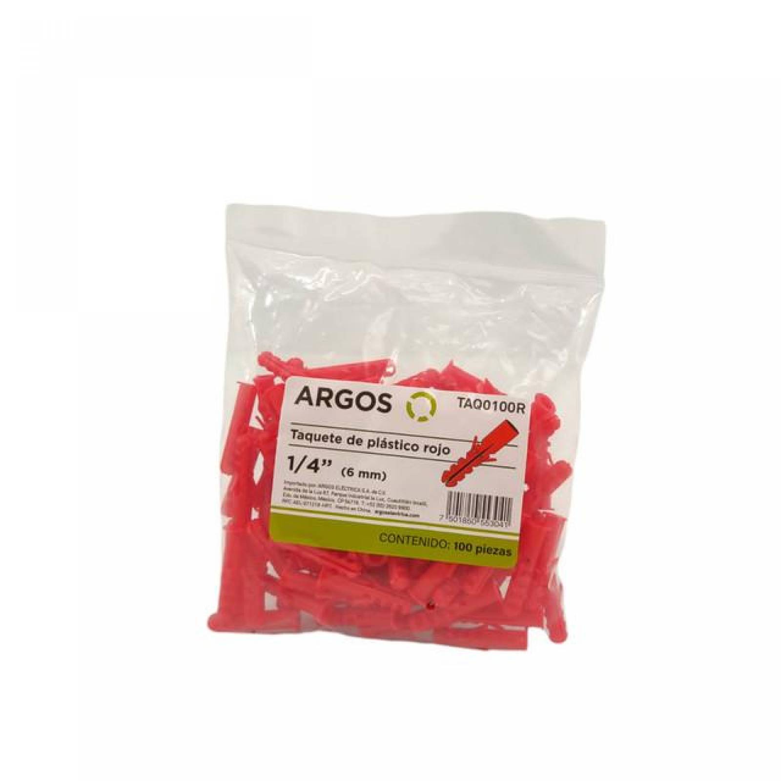 ARGOS TAQ0100R TAQUETES DE PLÁSTICO 1/4 PULG (6 mm) ROJO 