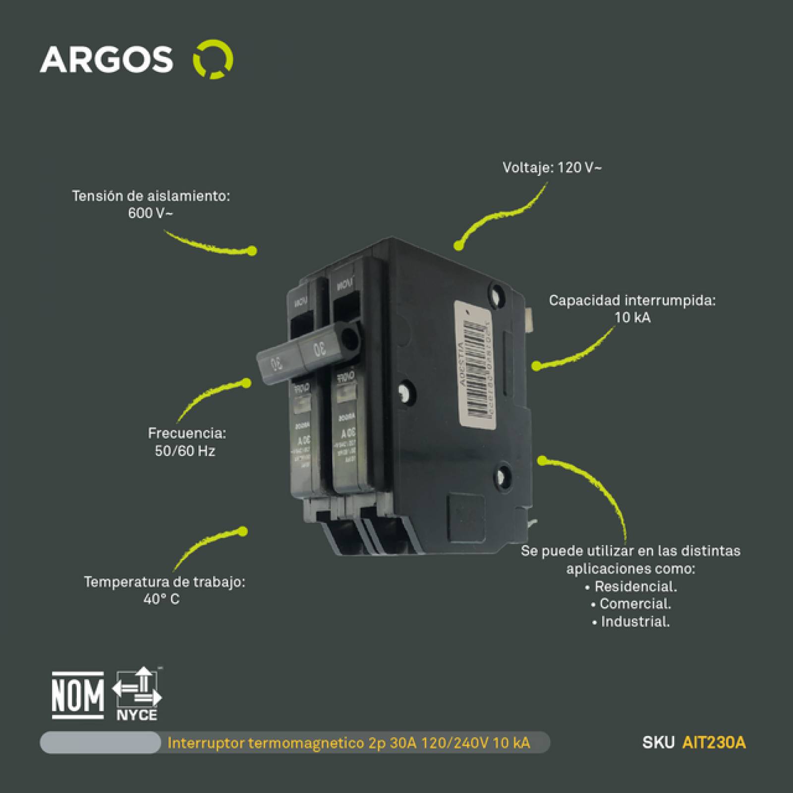 ARGOS Interruptor termomagnético de 2 Polos, 30A, 60 Hz, 10 kA 