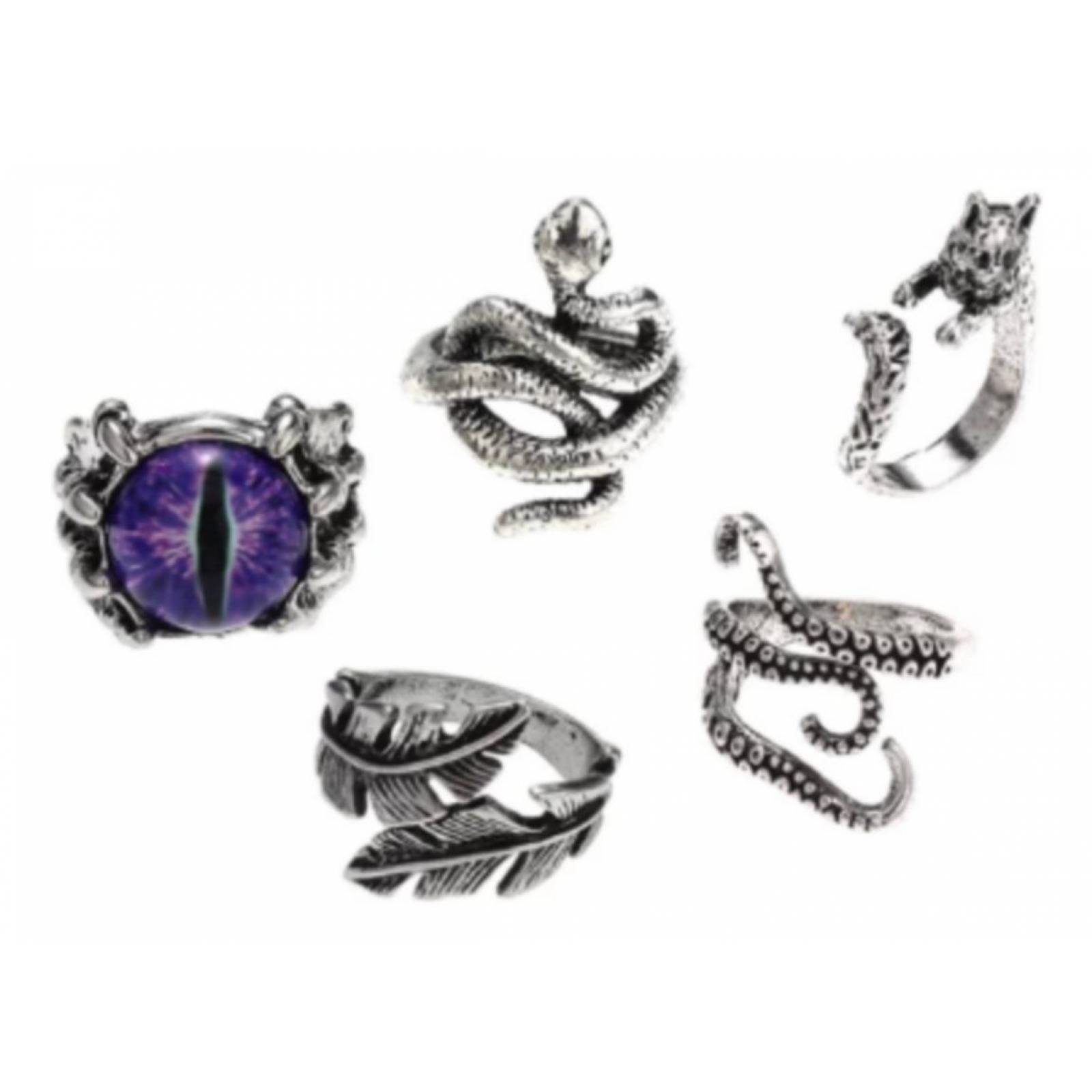 5 Anillos Góticos Ajustables Ojo Dragón Garra Y Serpiente 