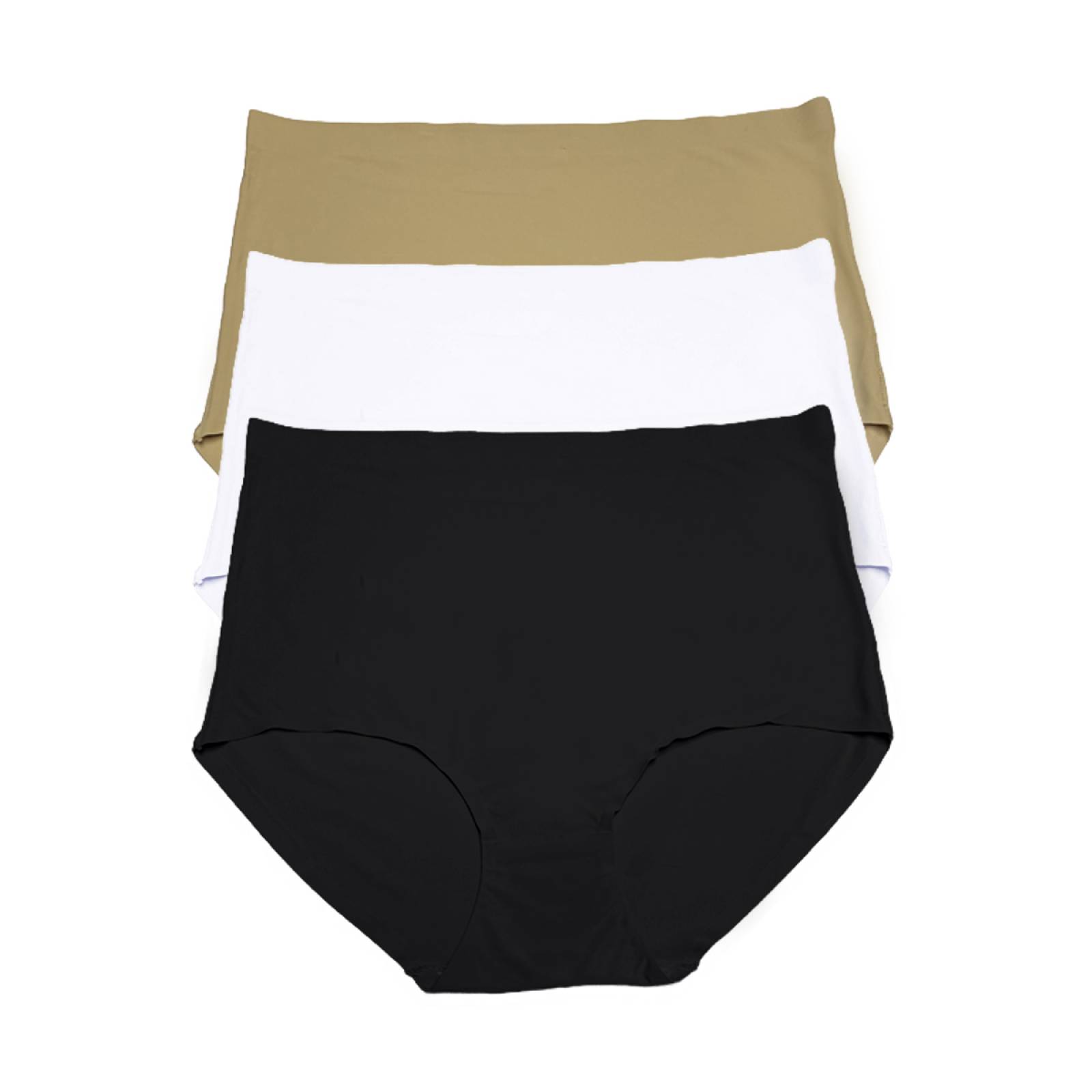 Paquete de 3 Pantaleta Completa a la cintura con Control Invisibles Sin Costuras Corte Láser Pack Incluye Negra Nude y Blanca.