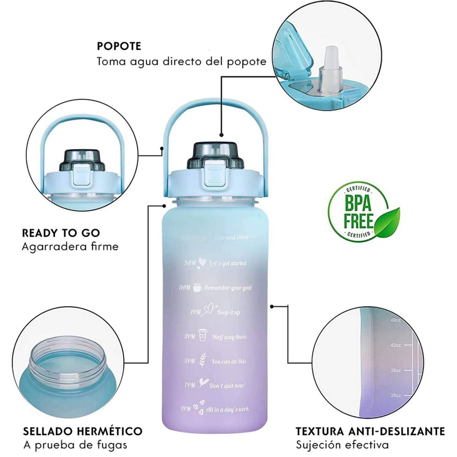 Botella motivacional de 1lt con popote plástico integrado 